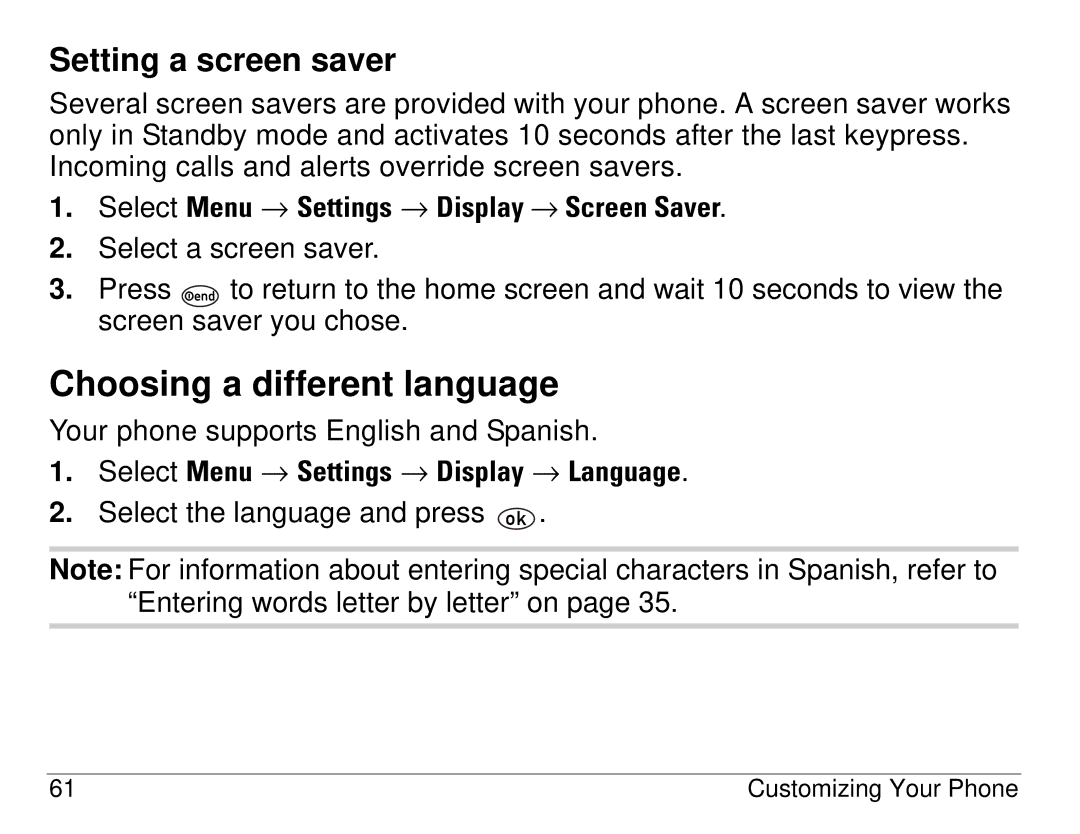 Kyocera 1155 manual Choosing a different language, Setting a screen saver, Select Menu → Settings → Display → Screen Saver 