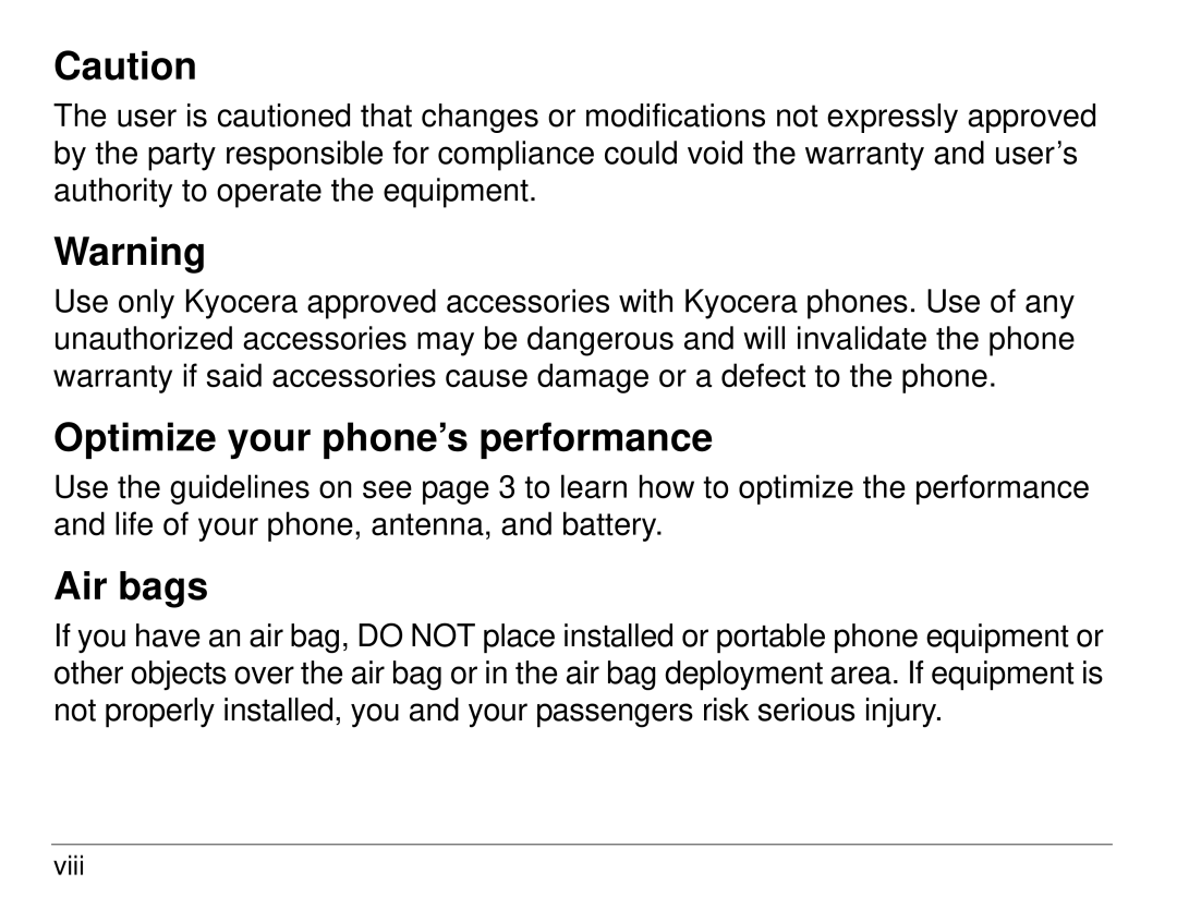 Kyocera 1155 manual Optimize your phone’s performance, Air bags 