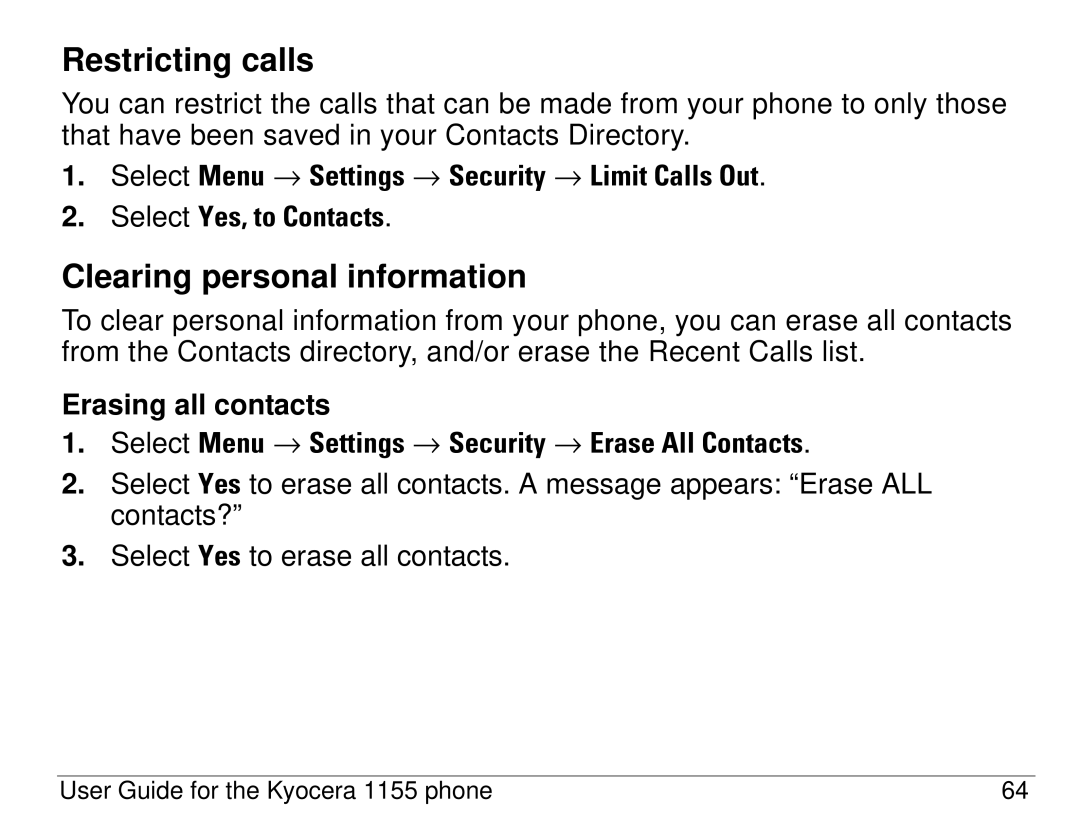 Kyocera 1155 manual Restricting calls, Clearing personal information 