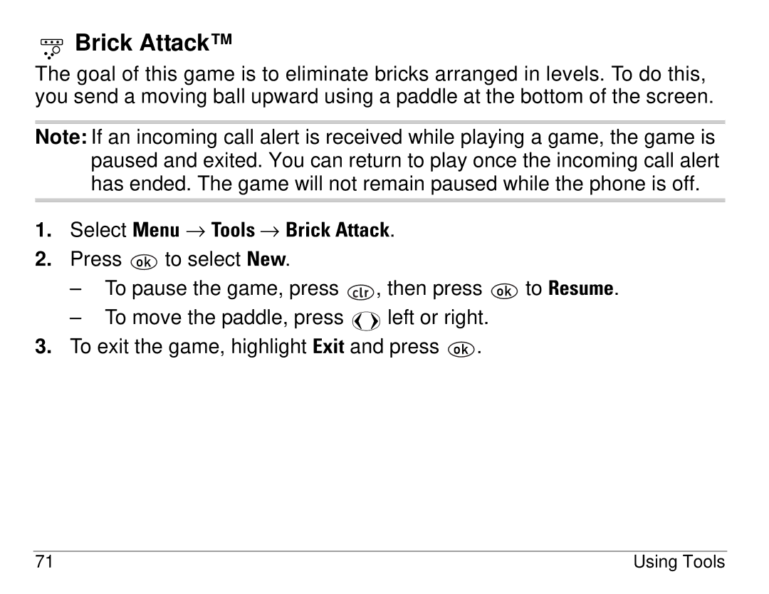 Kyocera 1155 manual Select Menu → Tools → Brick Attack 