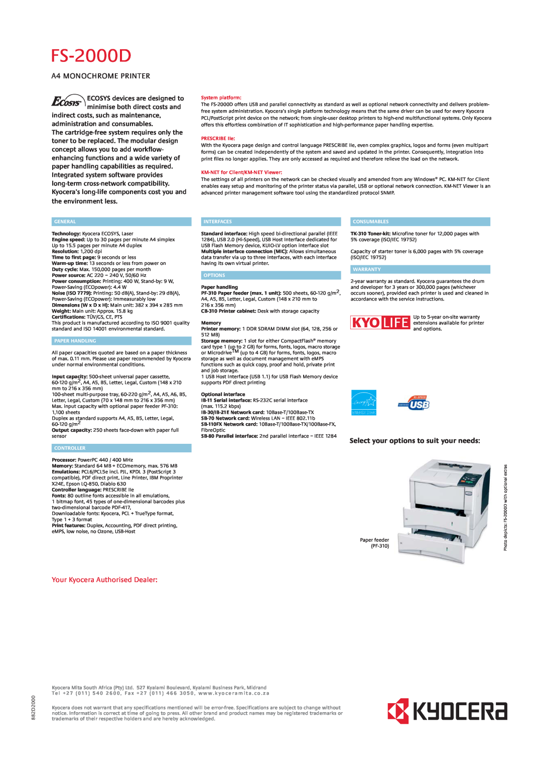 Kyocera FS-2000D, A4 MONOCHROME PRINTER, Select your options to suit your needs, Your Kyocera Authorised Dealer, Memory 
