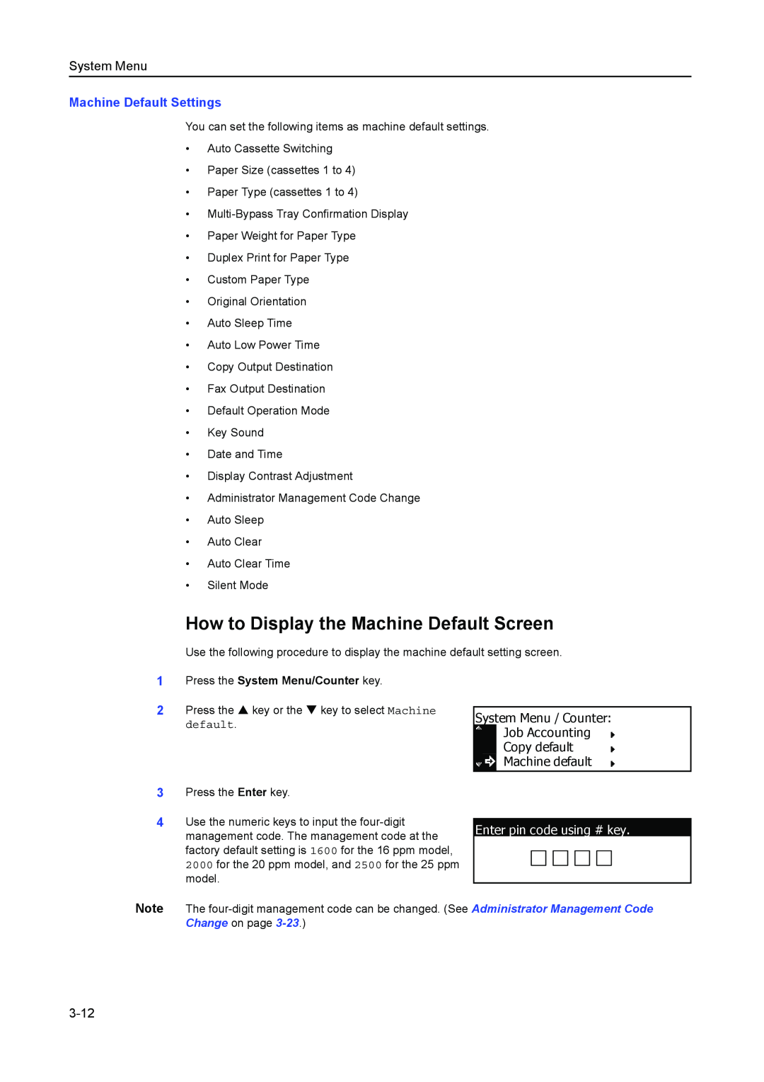 Kyocera 2050, 1650, 2550 manual How to Display the Machine Default Screen, Machine Default Settings, 3-12, System Menu 