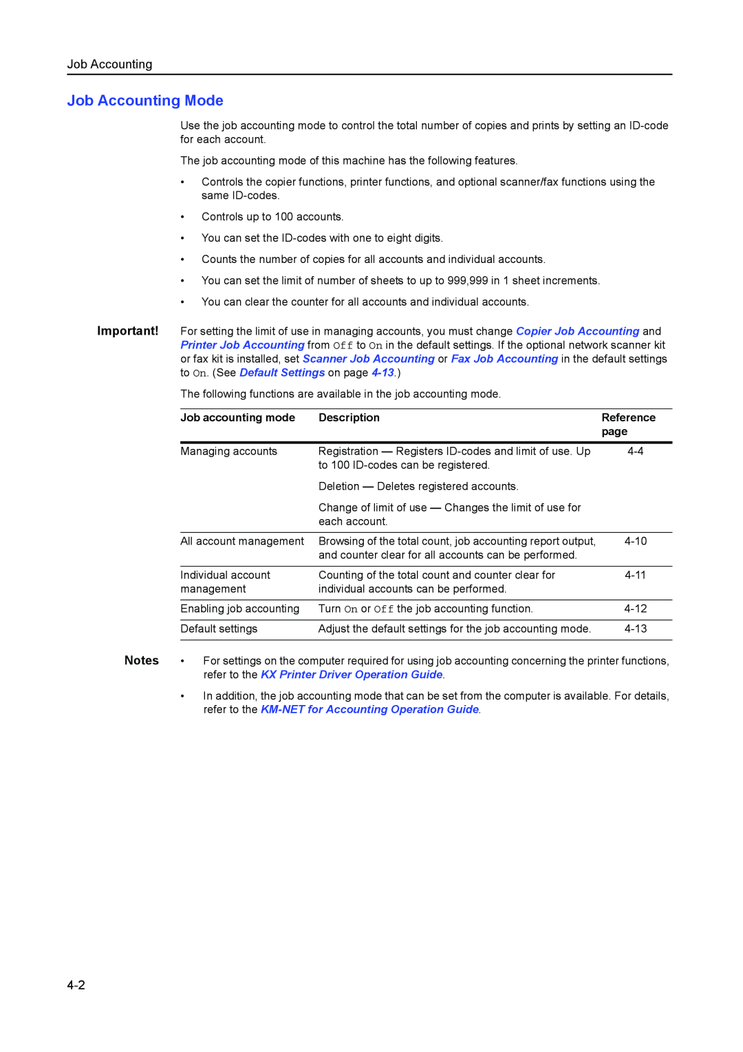 Kyocera 2050, 1650, 2550 manual Job Accounting Mode 