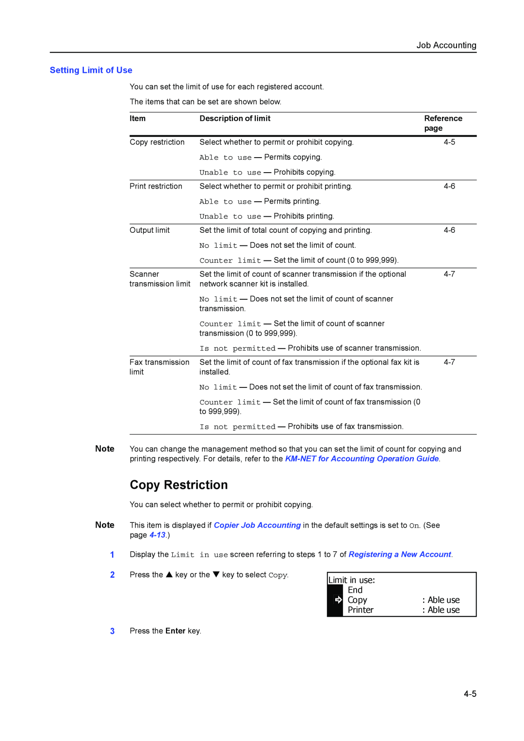 Kyocera 2050, 1650, 2550 manual Copy Restriction, Setting Limit of Use, Job Accounting 
