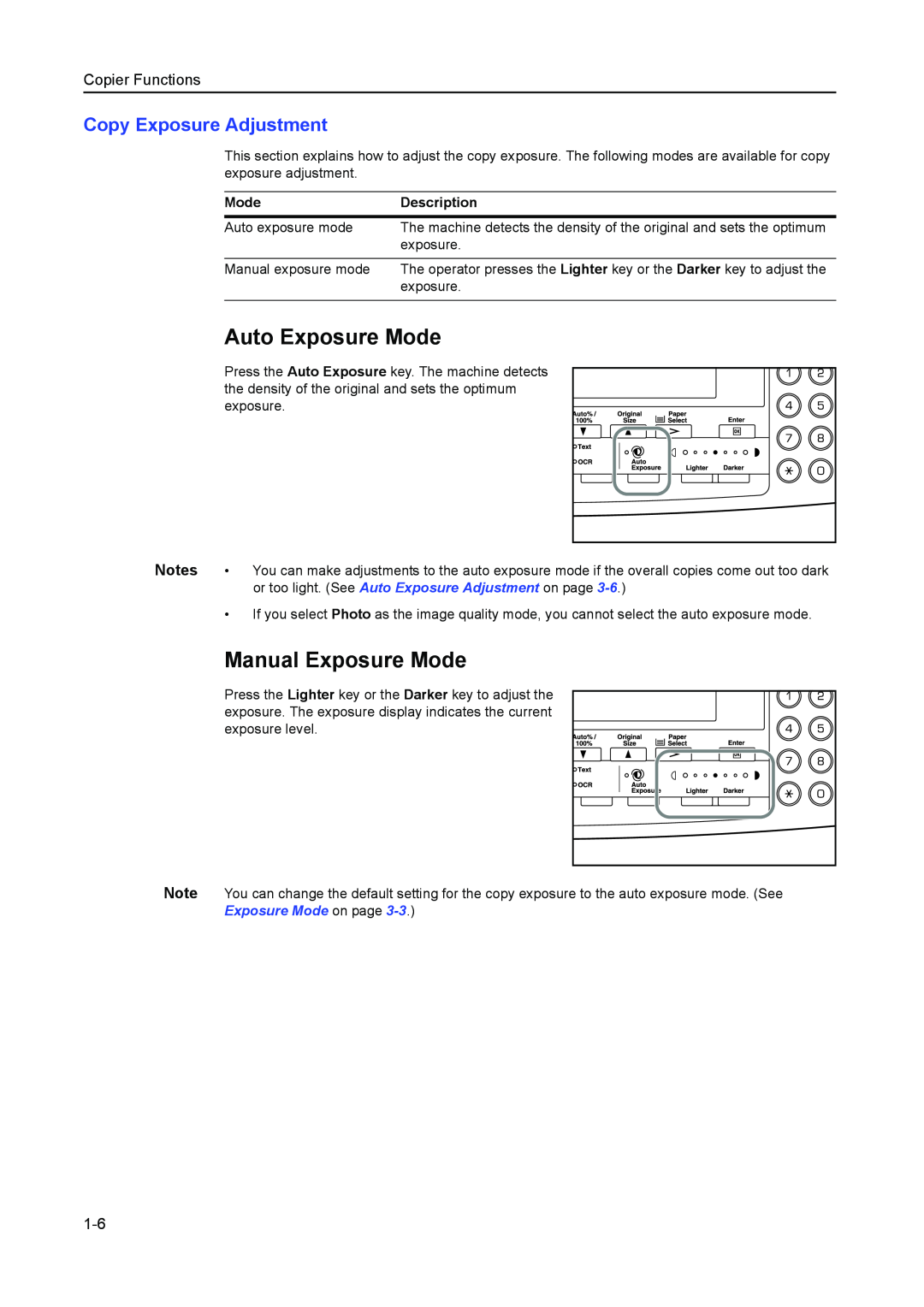 Kyocera 2550, 2050, 1650 manual Auto Exposure Mode, Manual Exposure Mode, Copy Exposure Adjustment, Copier Functions 