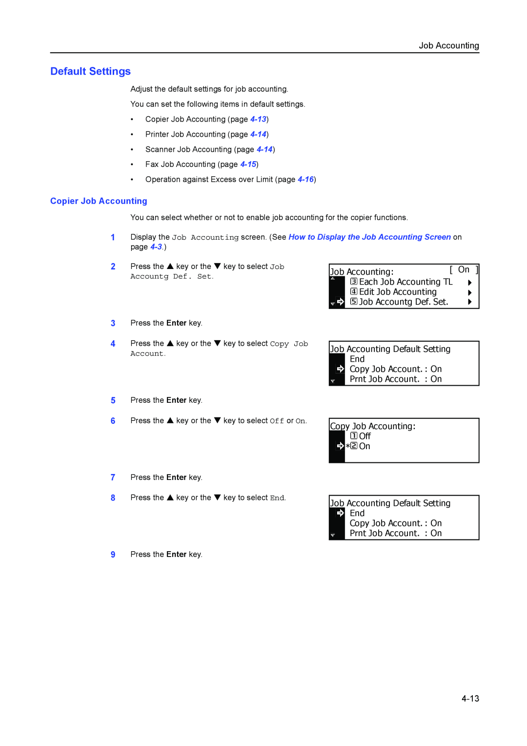 Kyocera 2550, 2050, 1650 manual Default Settings, Copier Job Accounting, 4-13 