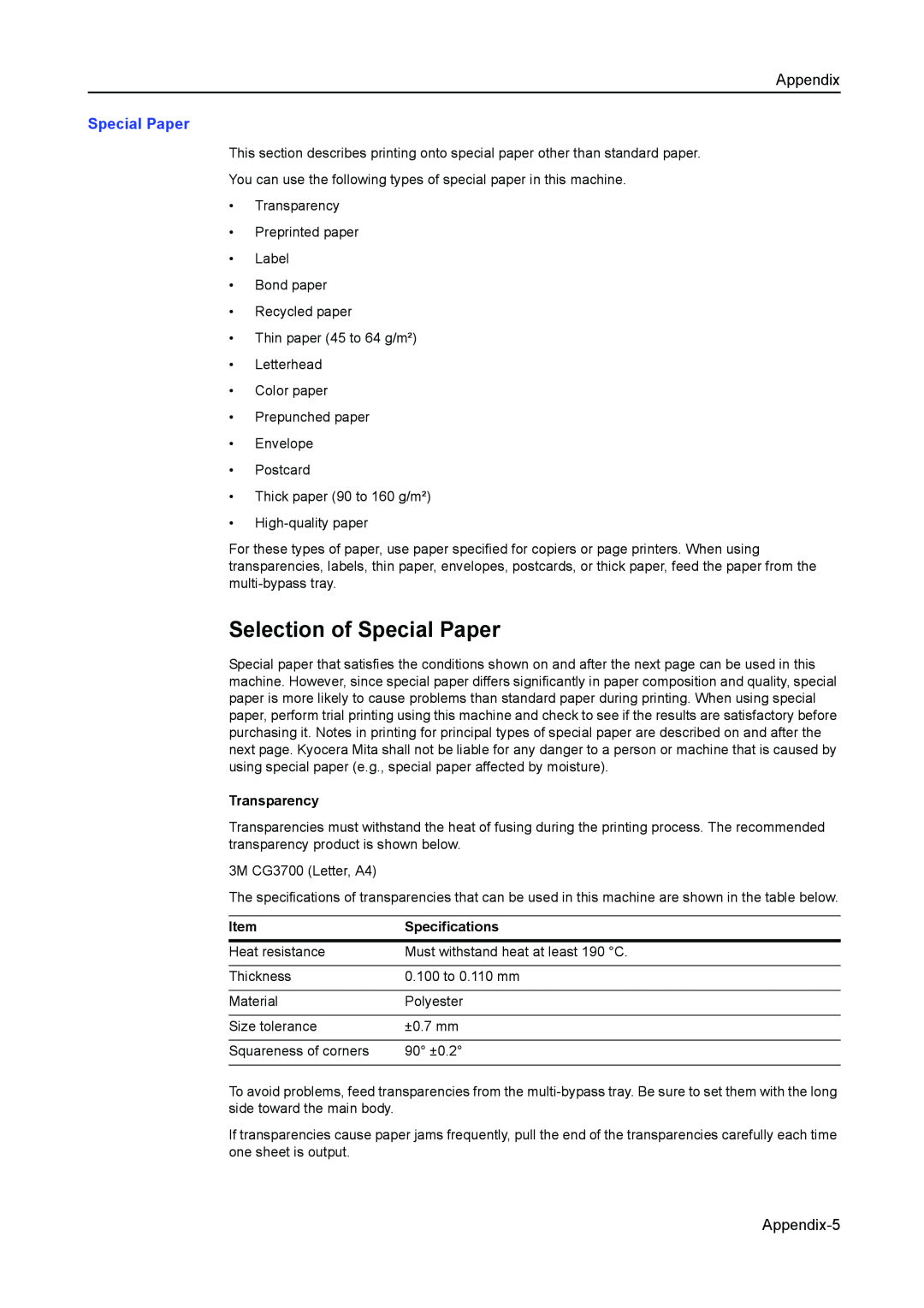 Kyocera 2050, 1650, 2550 manual Selection of Special Paper, Appendix-5 
