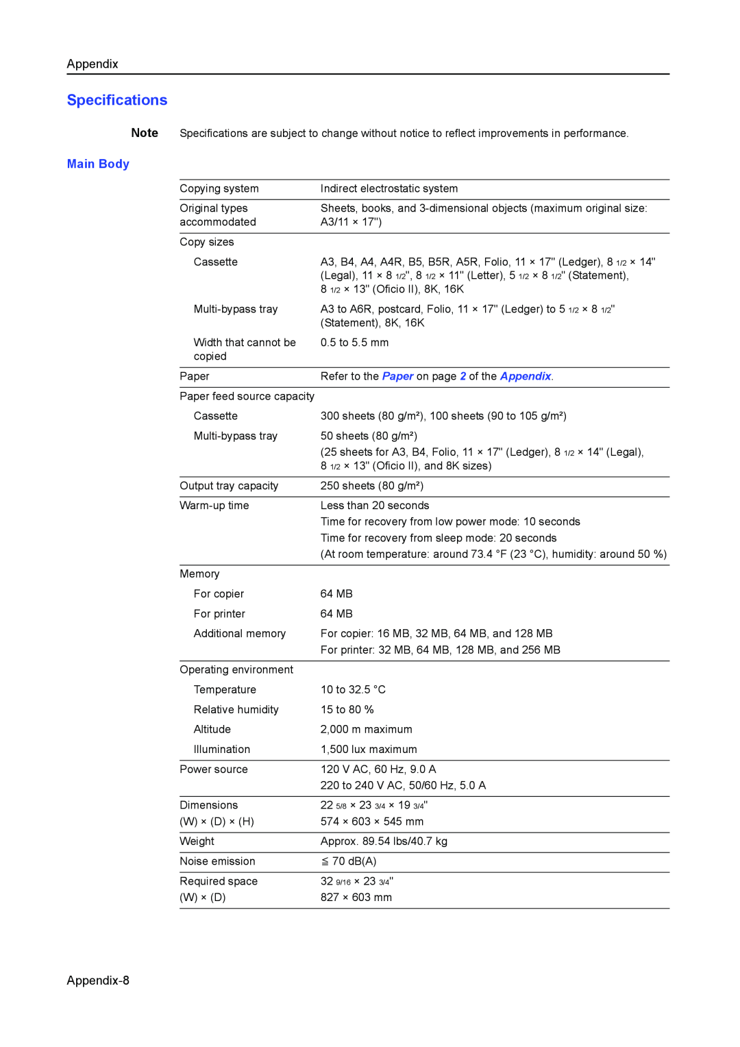 Kyocera 2050, 1650, 2550 manual Specifications, Main Body, Appendix-8 
