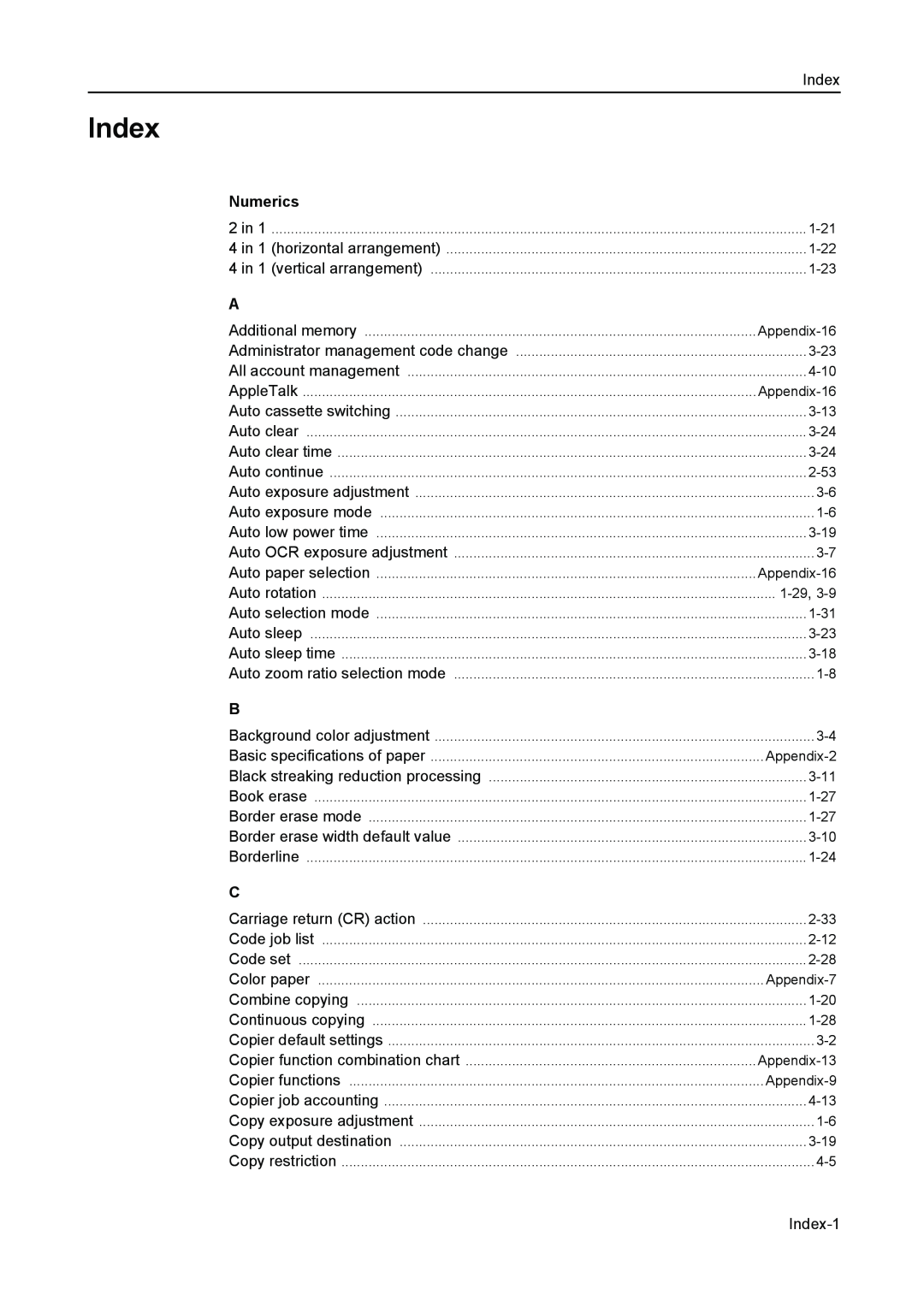Kyocera 2550, 2050, 1650 manual Numerics, Index-1 