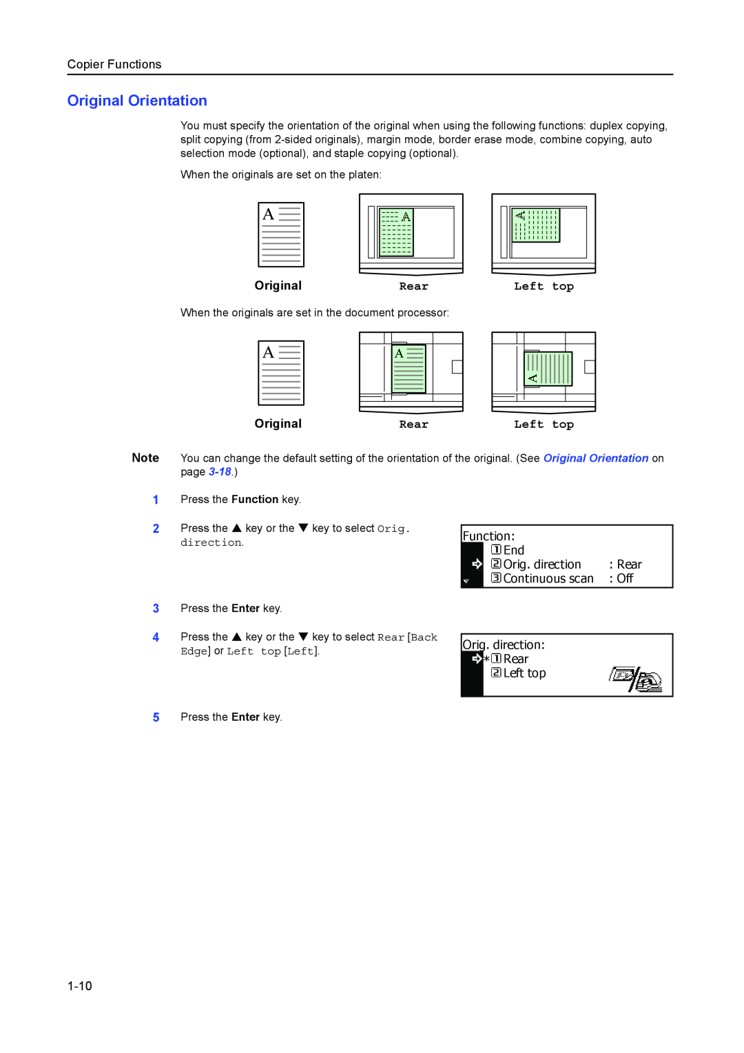 Kyocera 2050, 1650, 2550 manual Original Orientation, 1-10, Copier Functions, Rear, Left top 