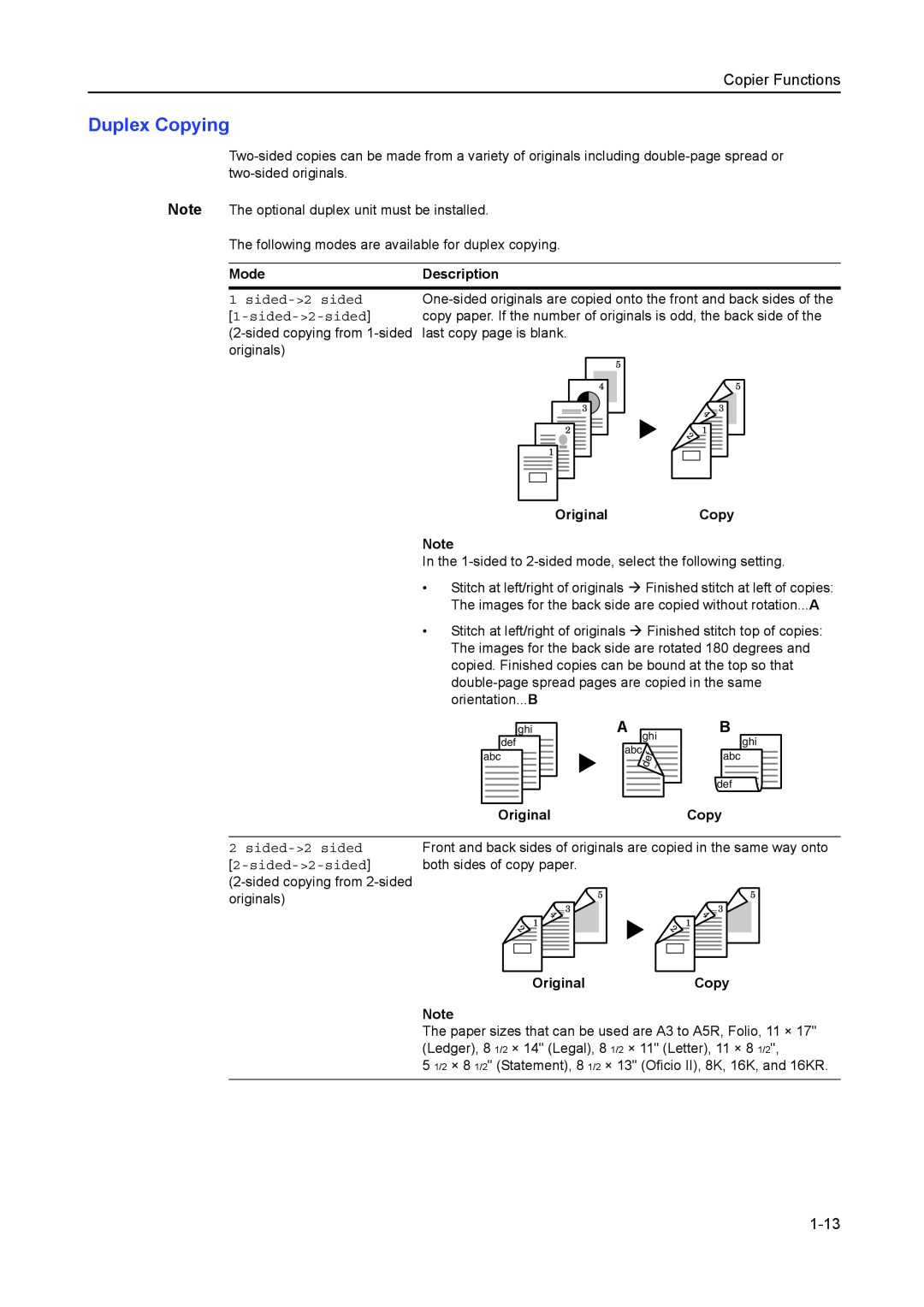 Kyocera 2050, 1650, 2550 manual Duplex Copying, 1-13, Copier Functions 