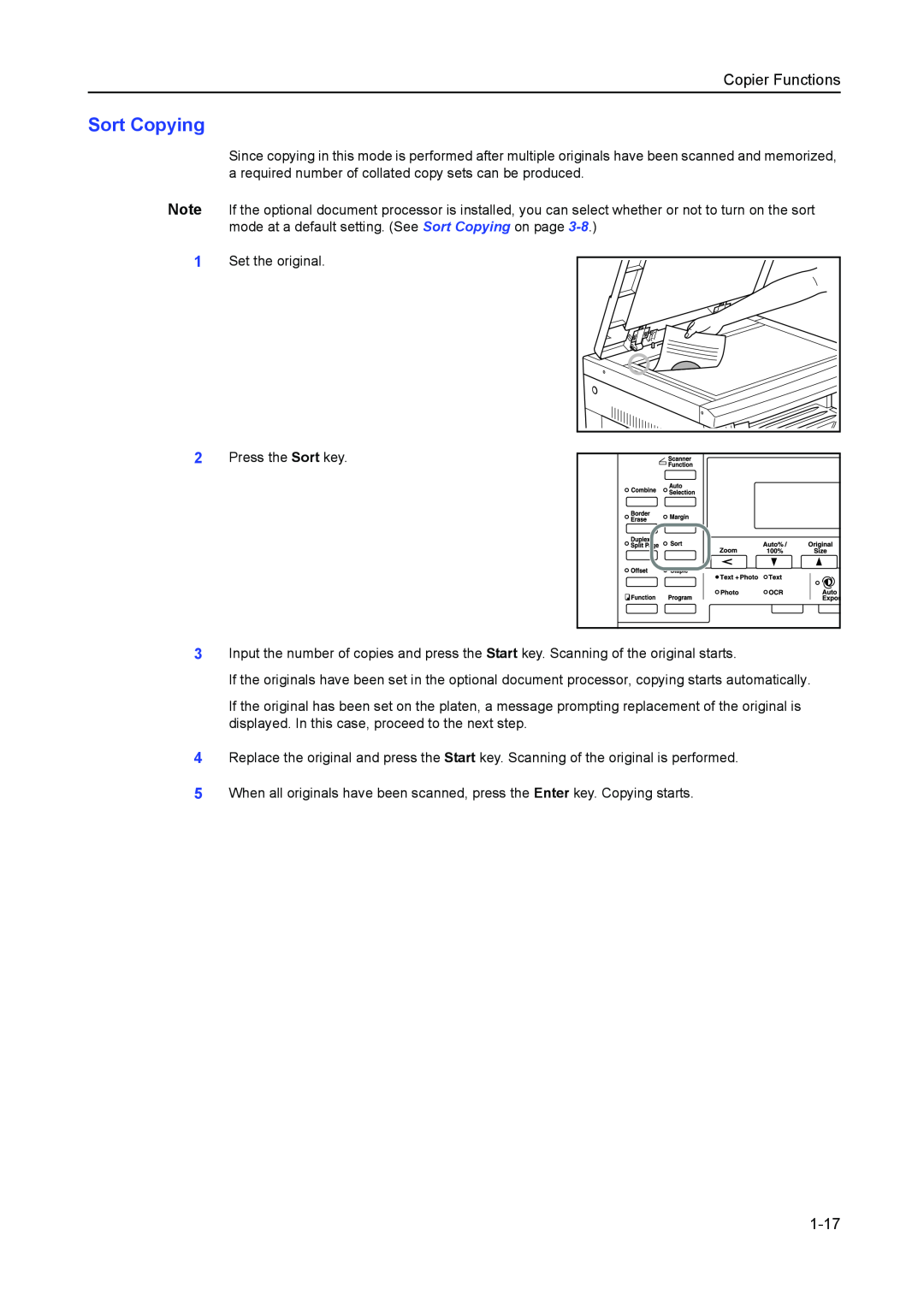 Kyocera 1650, 2050, 2550 manual Sort Copying, 1-17, Copier Functions 