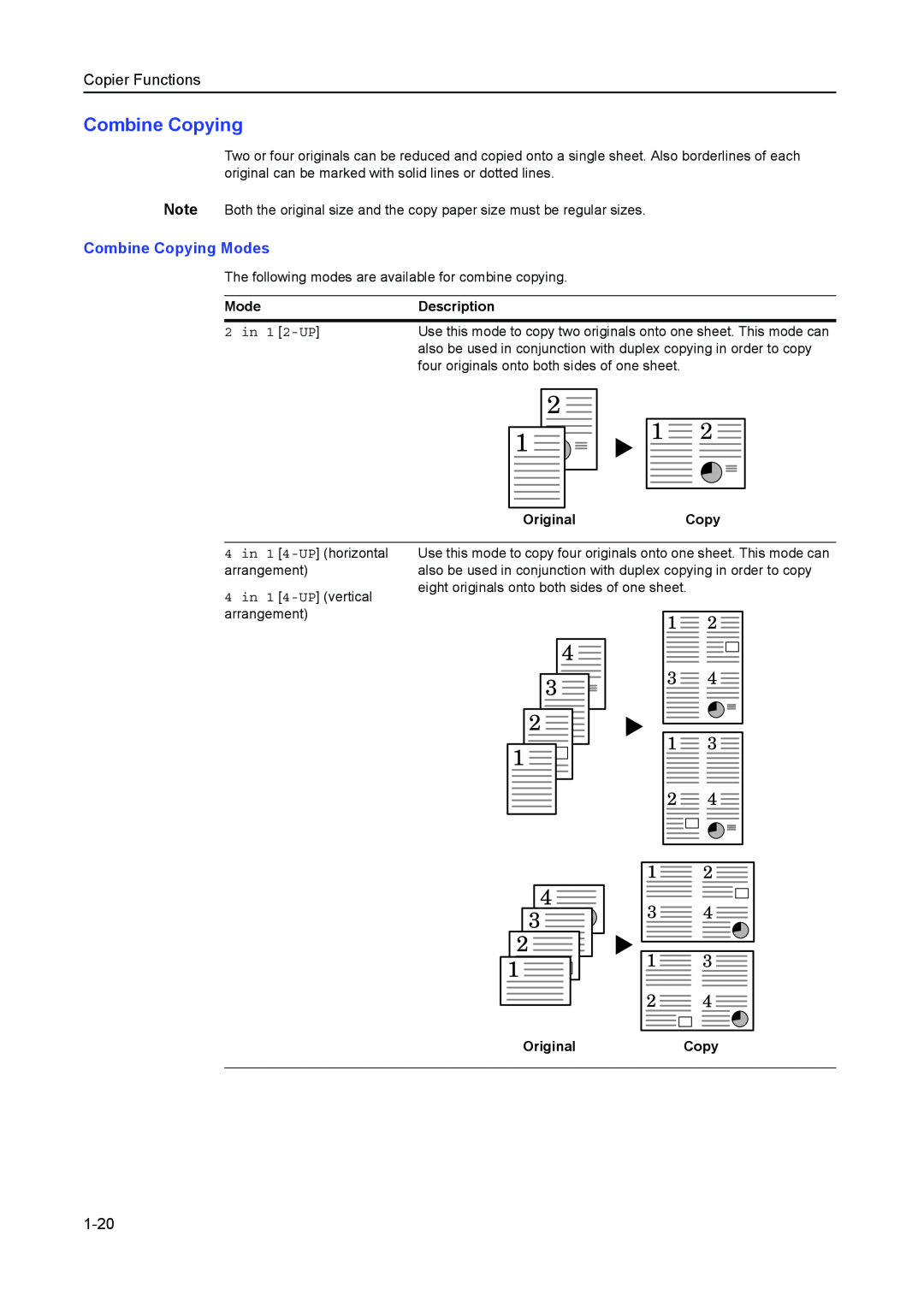 Kyocera 1650, 2050, 2550 manual Combine Copying Modes, 1-20, Copier Functions 