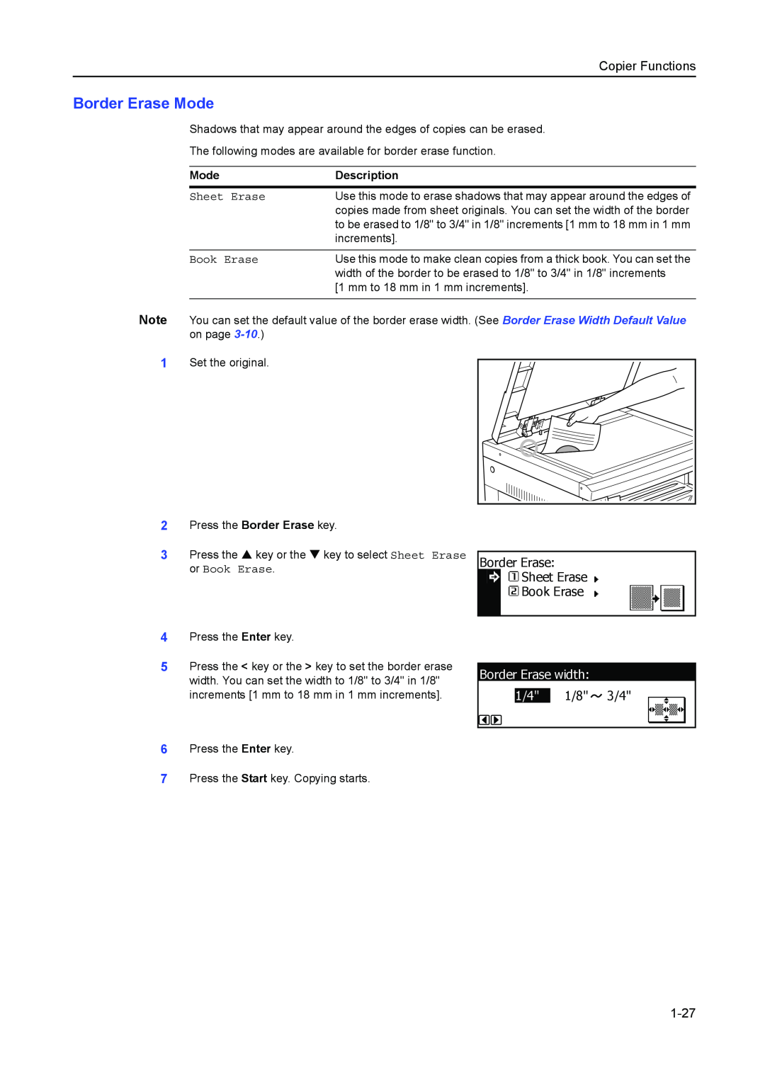 Kyocera 2550, 2050, 1650 manual Border Erase Mode, Border Erase width, 1-27, Copier Functions, Sheet Erase, Book Erase 