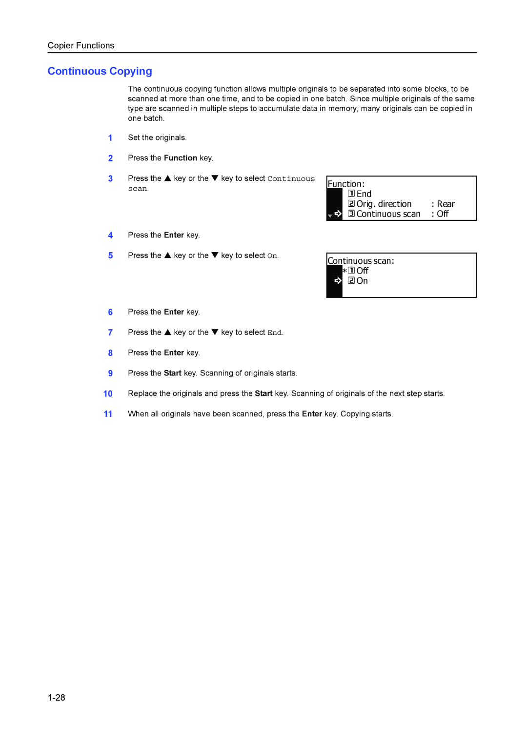 Kyocera 2050, 1650, 2550 manual Continuous Copying, 1-28, Copier Functions 