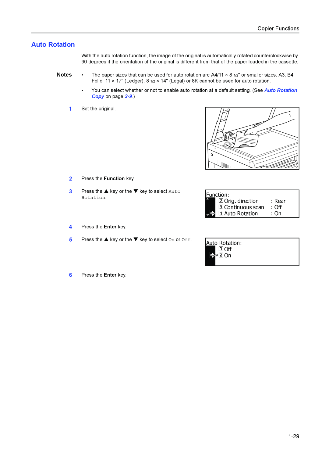 Kyocera 1650, 2050, 2550 manual Auto Rotation, 1-29, Copier Functions 