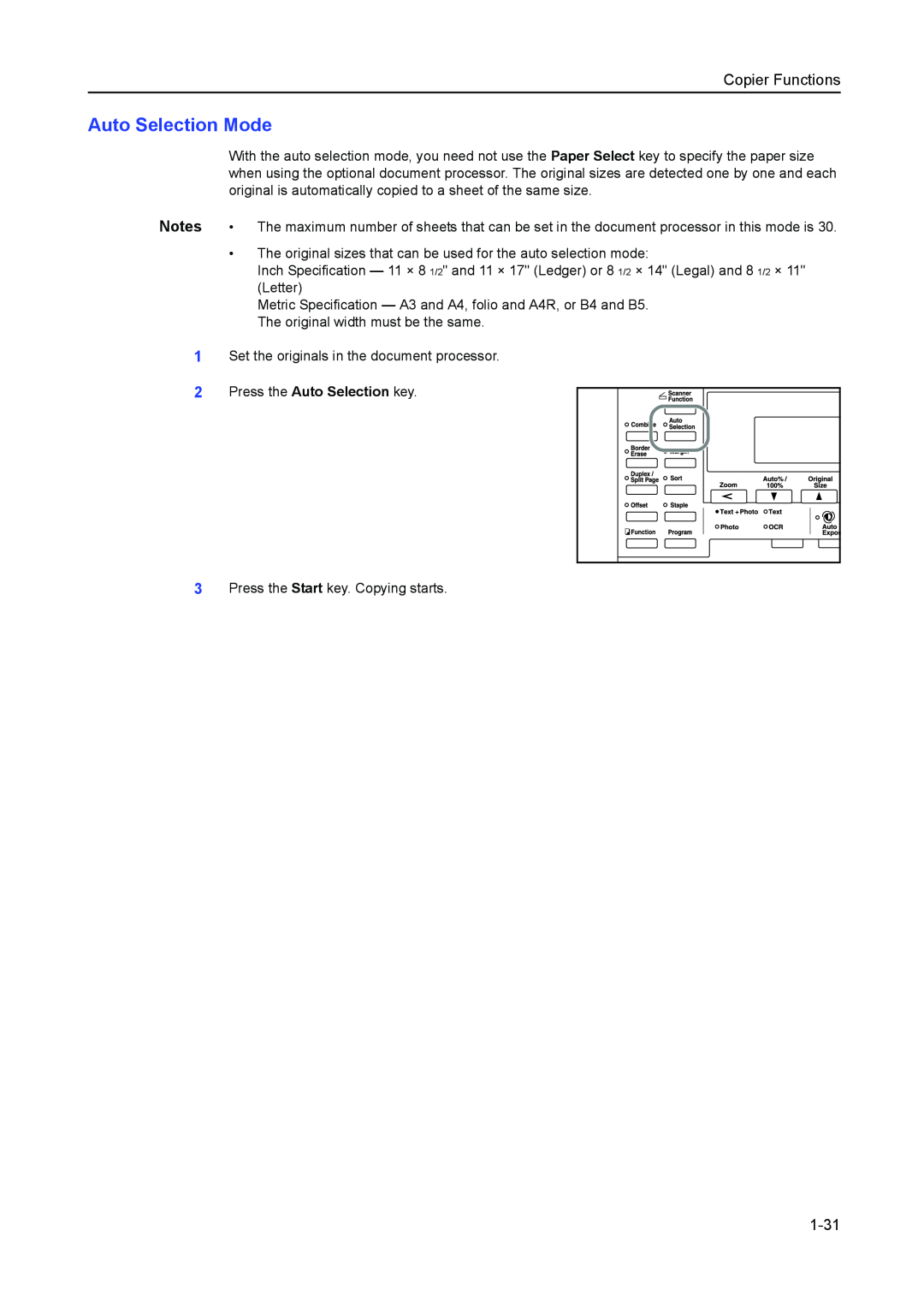 Kyocera 2050, 1650, 2550 manual Auto Selection Mode, 1-31, Copier Functions, Press the Auto Selection key 