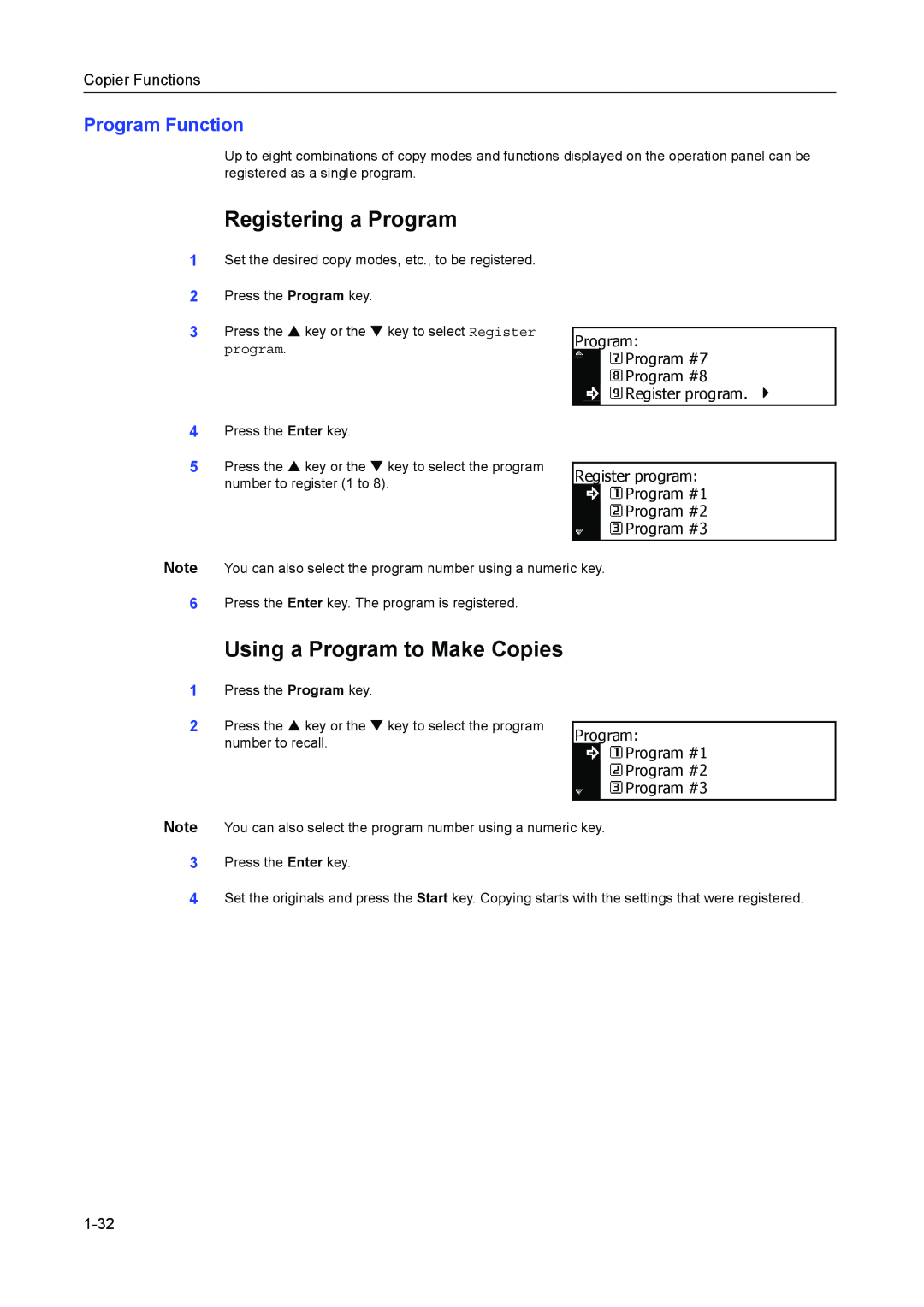 Kyocera 1650, 2050, 2550 Registering a Program, Using a Program to Make Copies, Program Function, 1-32, Copier Functions 
