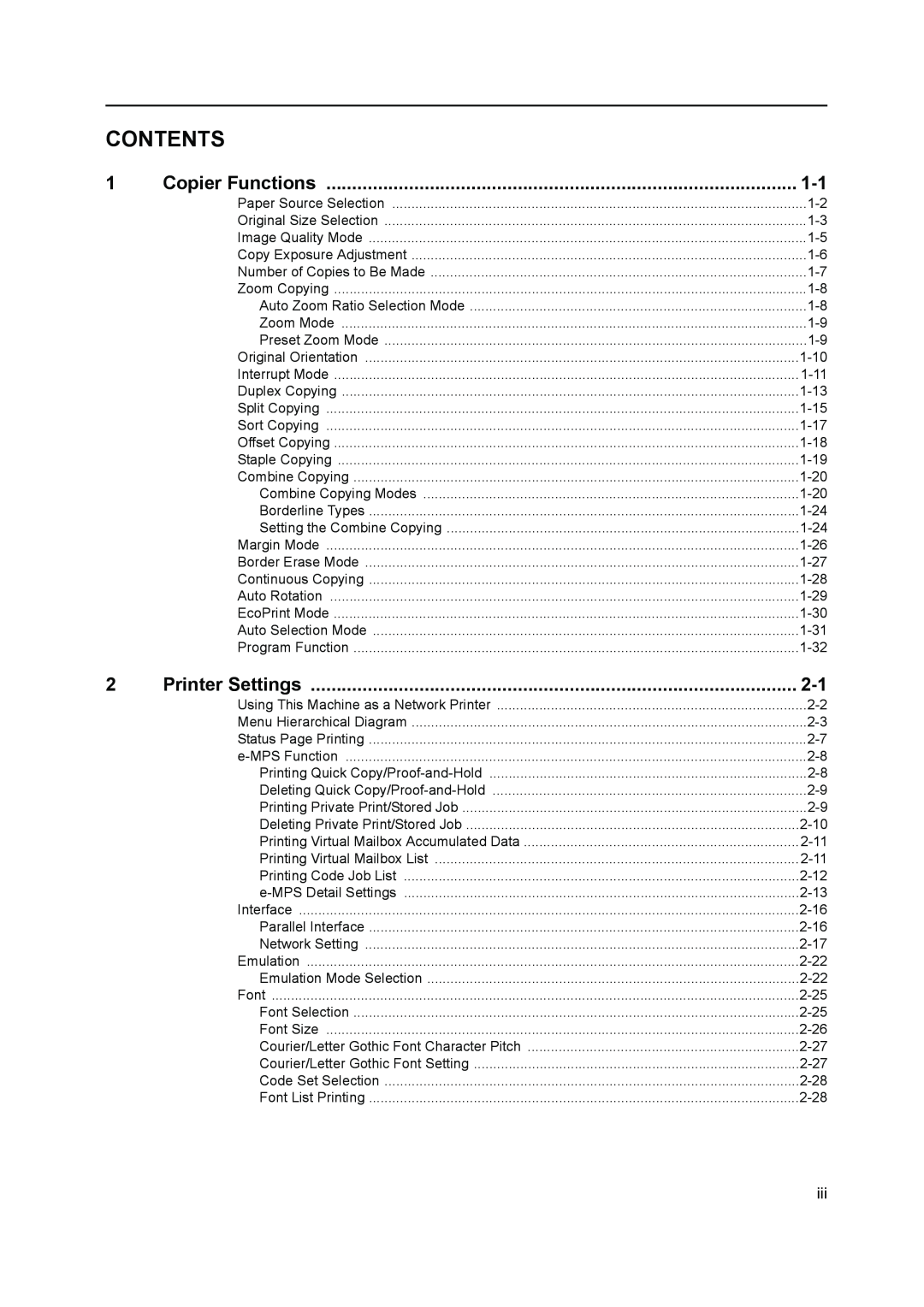 Kyocera 2550, 2050, 1650 manual Contents, Copier Functions, Printer Settings 