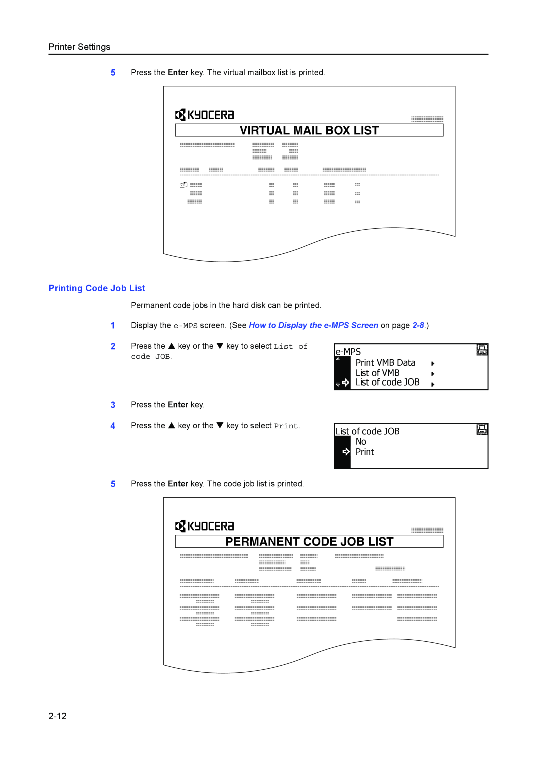Kyocera 1650, 2050, 2550 Virtual Mail Box List, Permanent Code Job List, Printing Code Job List, 2-12, Printer Settings 