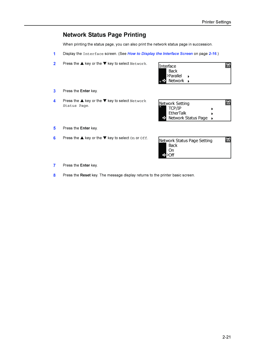 Kyocera 1650, 2050, 2550 manual Network Status Page Printing, 2-21, Printer Settings 