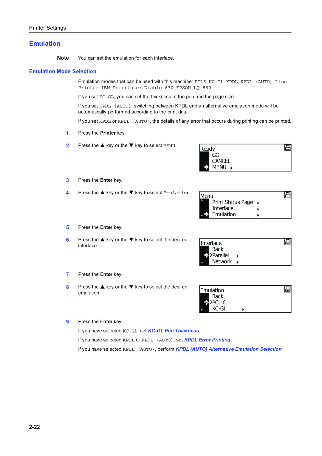 Kyocera 2550, 2050, 1650 manual Emulation Mode Selection, 2-22, Printer Settings 