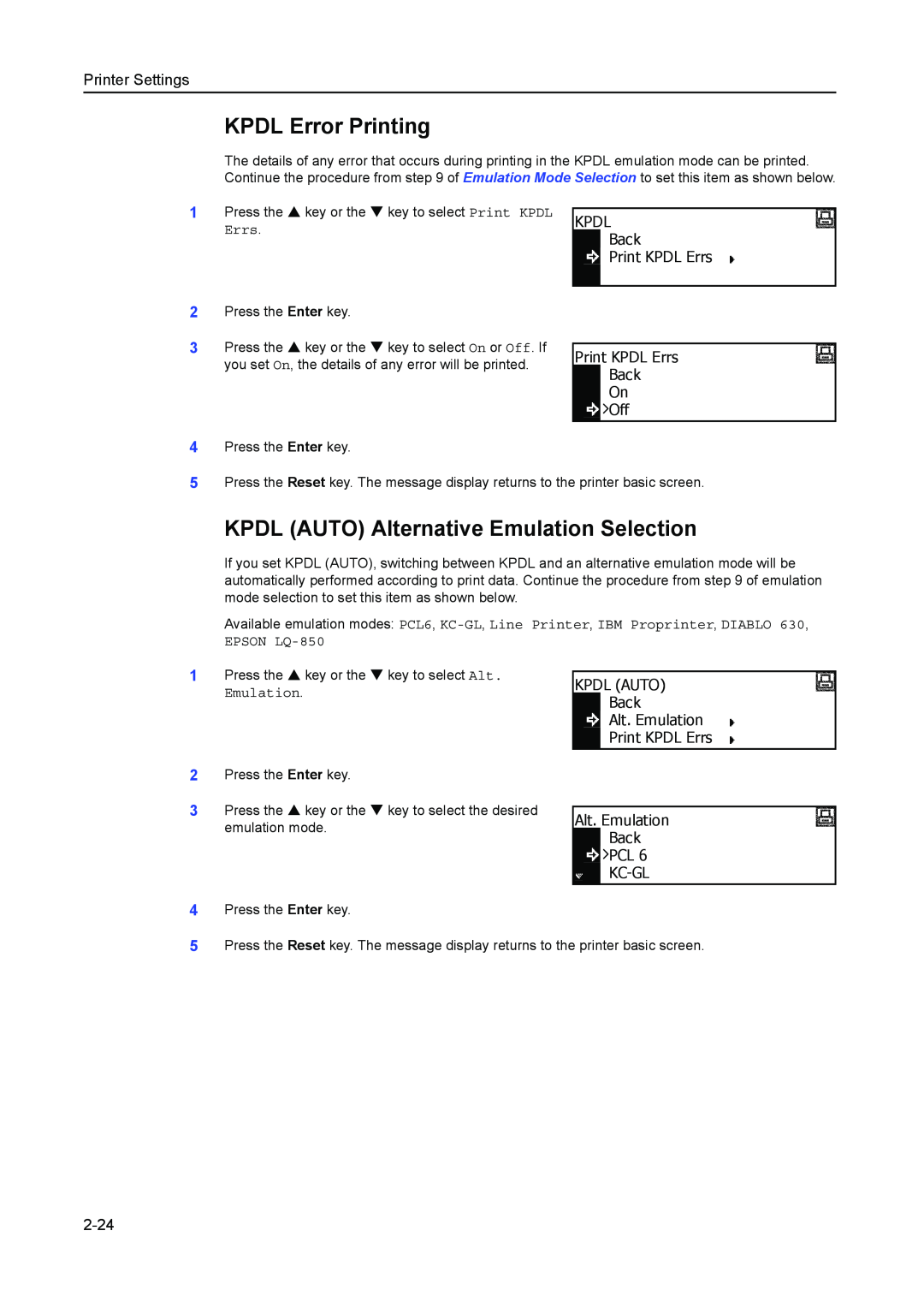 Kyocera 1650, 2050, 2550 manual KPDL Error Printing, KPDL AUTO Alternative Emulation Selection, Errs 