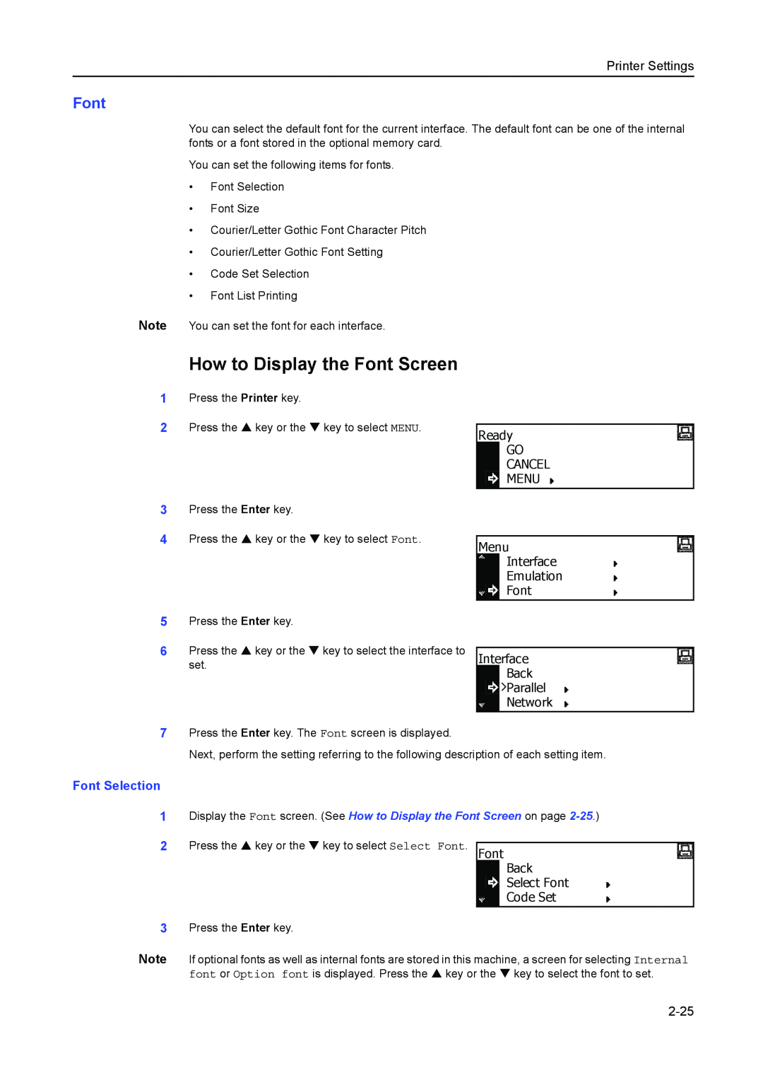 Kyocera 2550, 2050, 1650 manual How to Display the Font Screen, Font Selection, 2-25, Printer Settings 