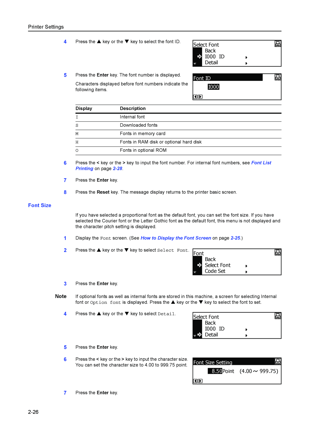 Kyocera 2050, 1650, 2550 manual Font ID I000, Font Size Setting, 8.50, 2-26, Printer Settings 