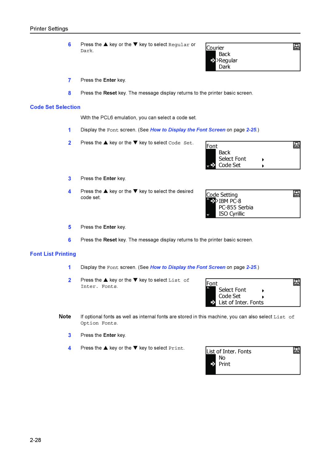 Kyocera 2550, 2050, 1650 manual Code Set Selection, Font List Printing 1, Dark, Inter. Fonts 