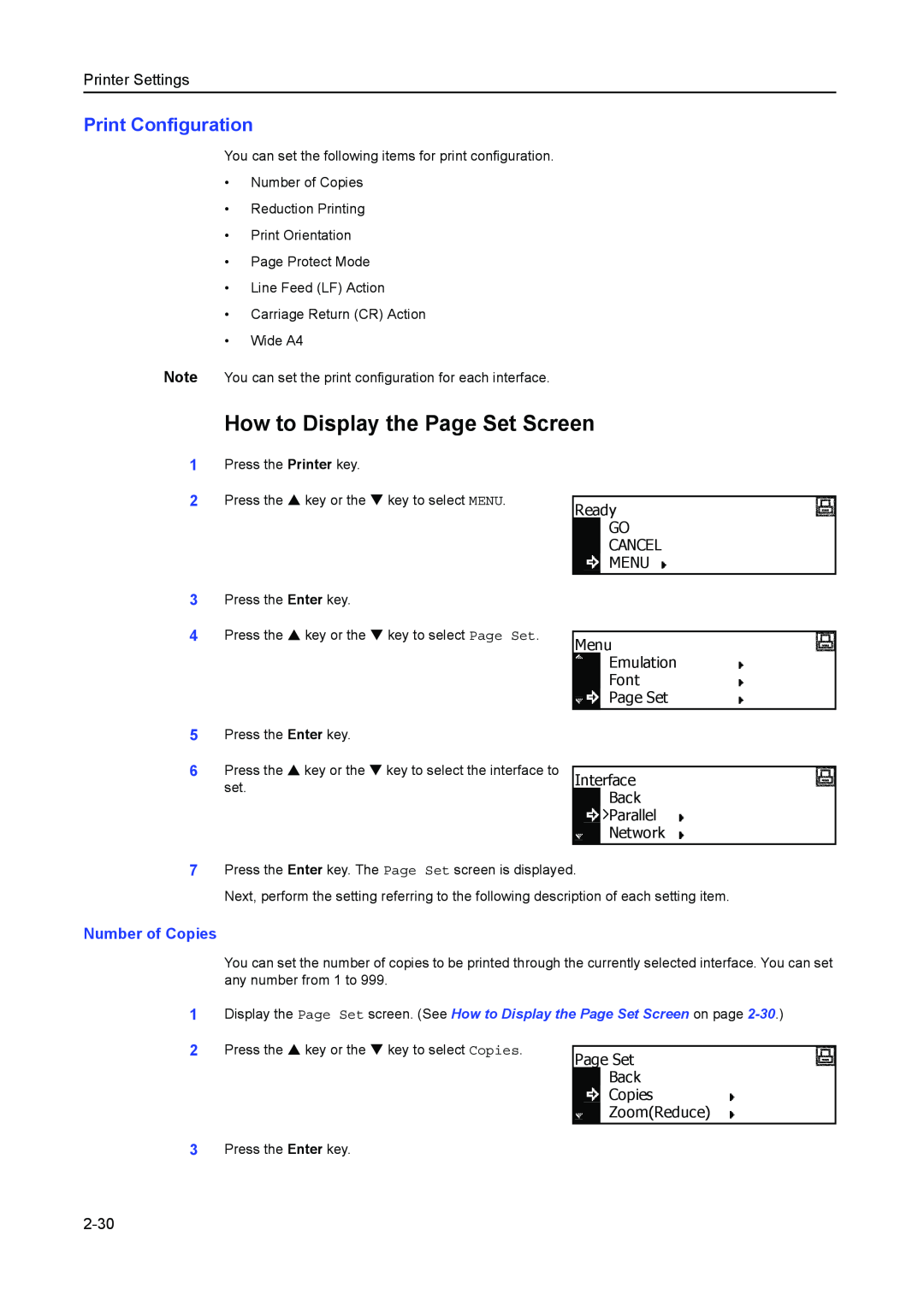 Kyocera 1650, 2050, 2550 How to Display the Page Set Screen, Print Configuration, Number of Copies, 2-30, Printer Settings 