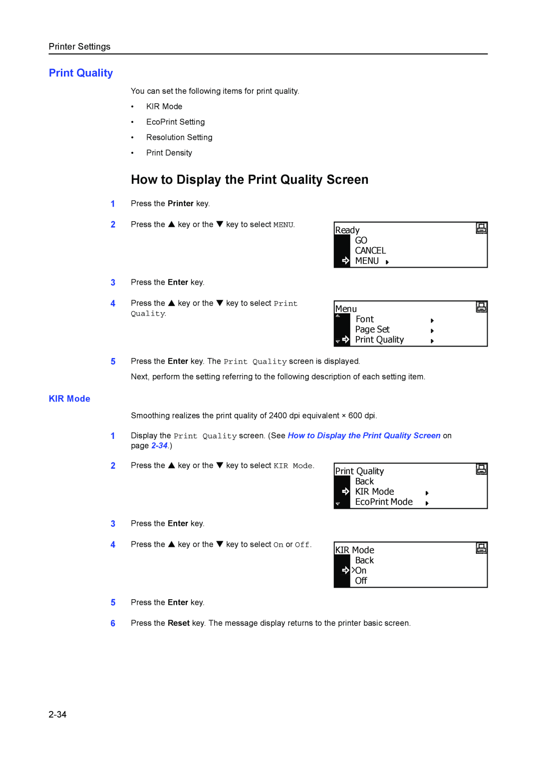 Kyocera 2550, 2050, 1650 manual How to Display the Print Quality Screen, KIR Mode, 2-34, Printer Settings 