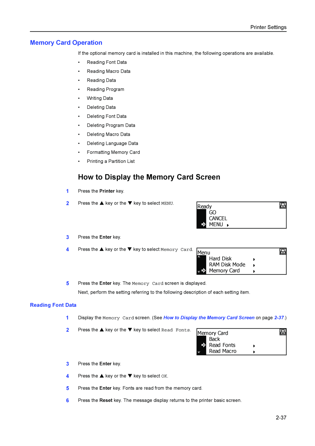 Kyocera 2550, 2050 How to Display the Memory Card Screen, Memory Card Operation, Reading Font Data, 2-37, Printer Settings 