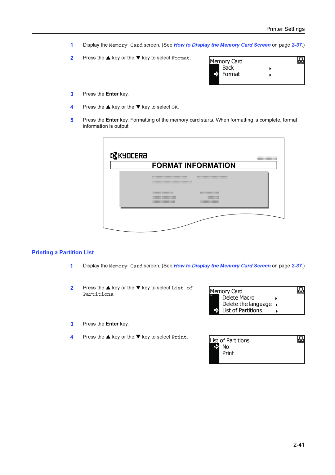 Kyocera 2050, 1650, 2550 manual Format Information, Printing a Partition List, 2-41, Printer Settings 