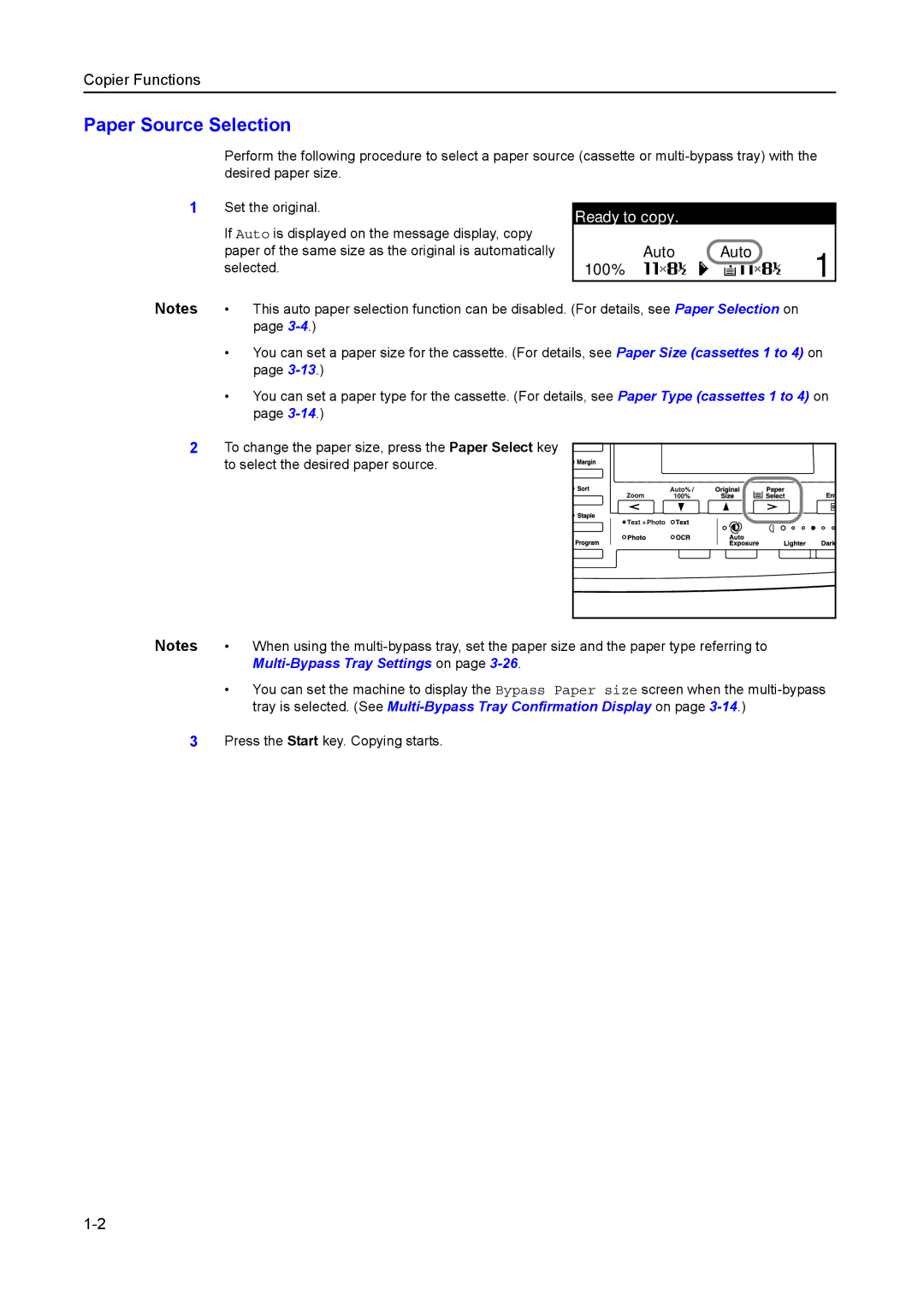 Kyocera 1650, 2050, 2550 manual Paper Source Selection, Ready to copy, Auto 100% 