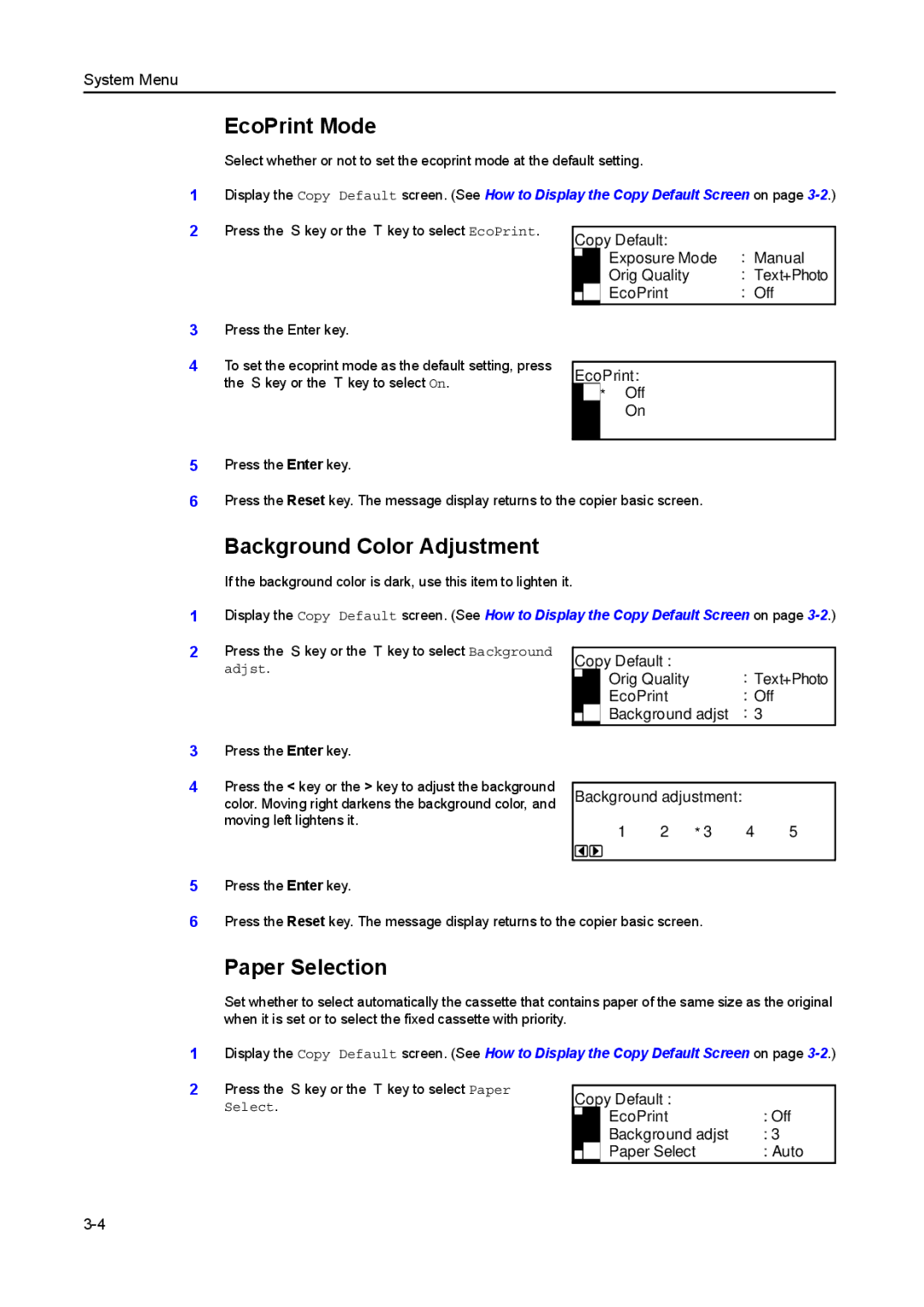 Kyocera 1650, 2050, 2550 manual EcoPrint Mode, Background Color Adjustment, Paper Selection 