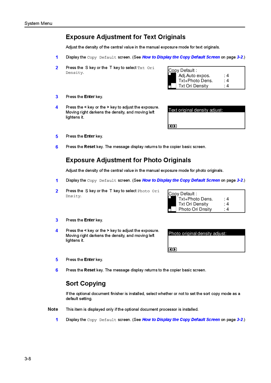 Kyocera 2550, 2050, 1650 manual Exposure Adjustment for Text Originals, Exposure Adjustment for Photo Originals, Sort Copying 