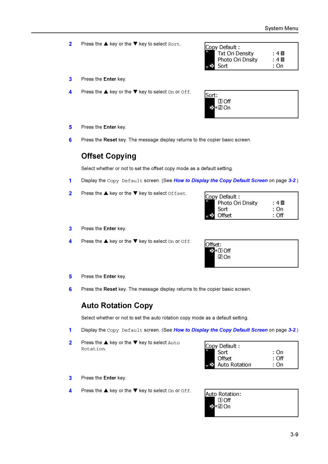 Kyocera 2050, 1650, 2550 manual Offset Copying, Auto Rotation Copy, Copy Default Txt Ori Density Photo Ori Dnsity Sort Off 