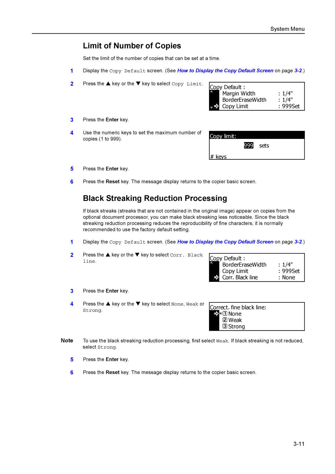 Kyocera 2550, 2050, 1650 manual Limit of Number of Copies, Black Streaking Reduction Processing, Copy limit Sets 