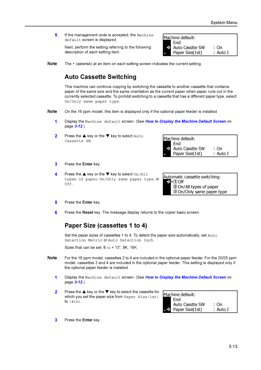 Kyocera 1650, 2050, 2550 manual Auto Cassette Switching, Paper Size cassettes 1 to 