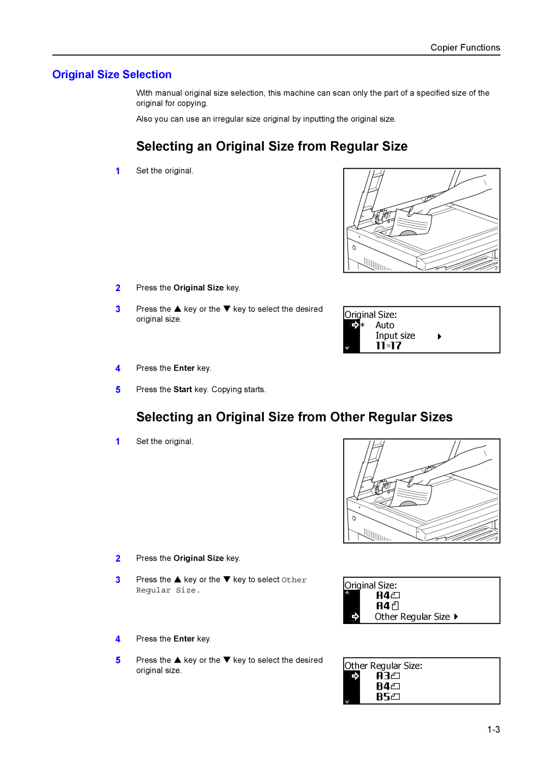 Kyocera 2550, 2050, 1650 Selecting an Original Size from Regular Size, Selecting an Original Size from Other Regular Sizes 