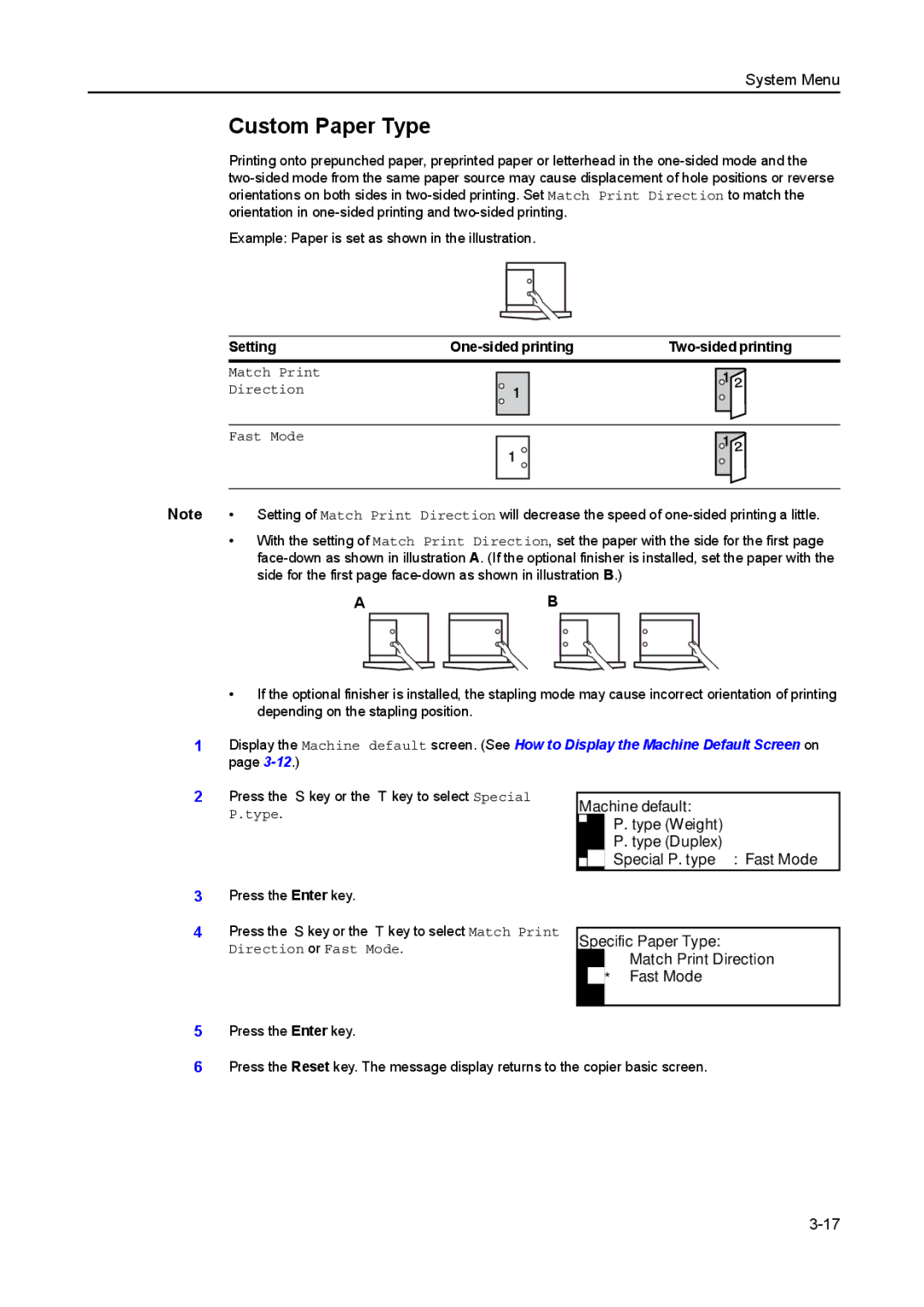 Kyocera 2550, 2050, 1650 manual Custom Paper Type, Special P. type Fast Mode, Specific Paper Type, Match Print Direction 