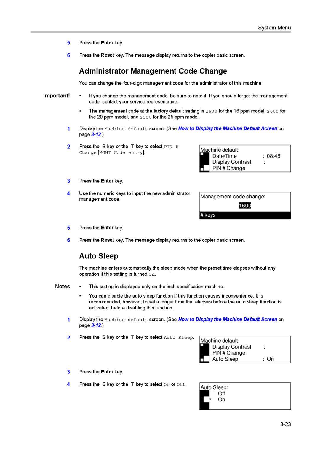 Kyocera 2550, 2050, 1650 manual Administrator Management Code Change, Auto Sleep, 1600 # keys 