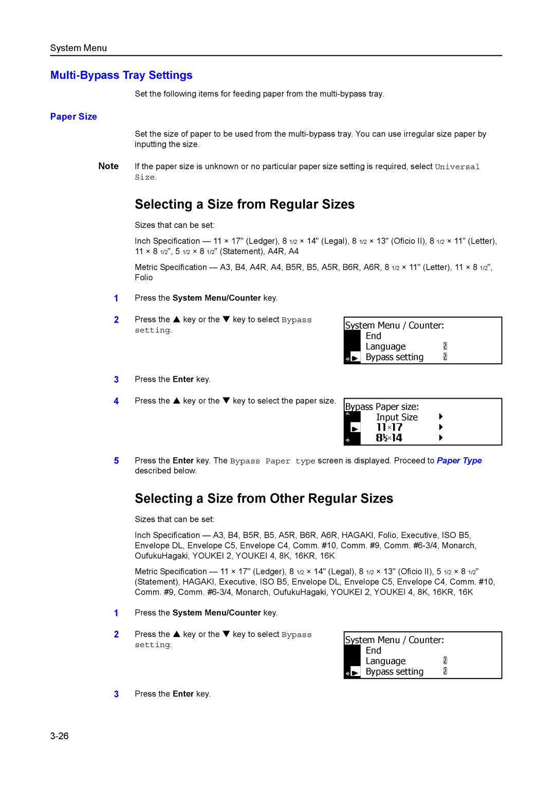 Kyocera 2550 Selecting a Size from Regular Sizes, Selecting a Size from Other Regular Sizes, Multi-Bypass Tray Settings 