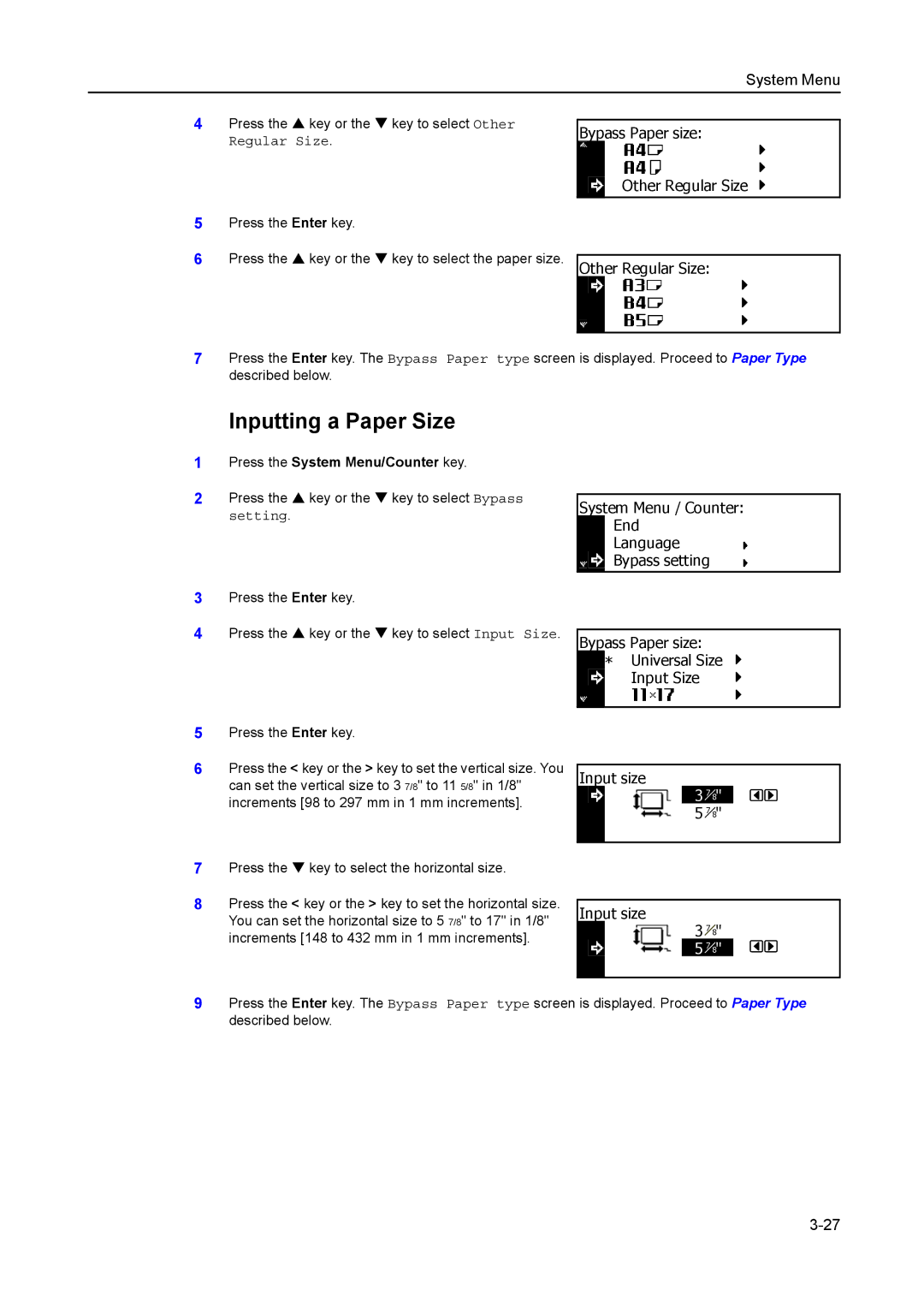 Kyocera 2050, 1650, 2550 manual Inputting a Paper Size, Bypass Paper size Other Regular Size 