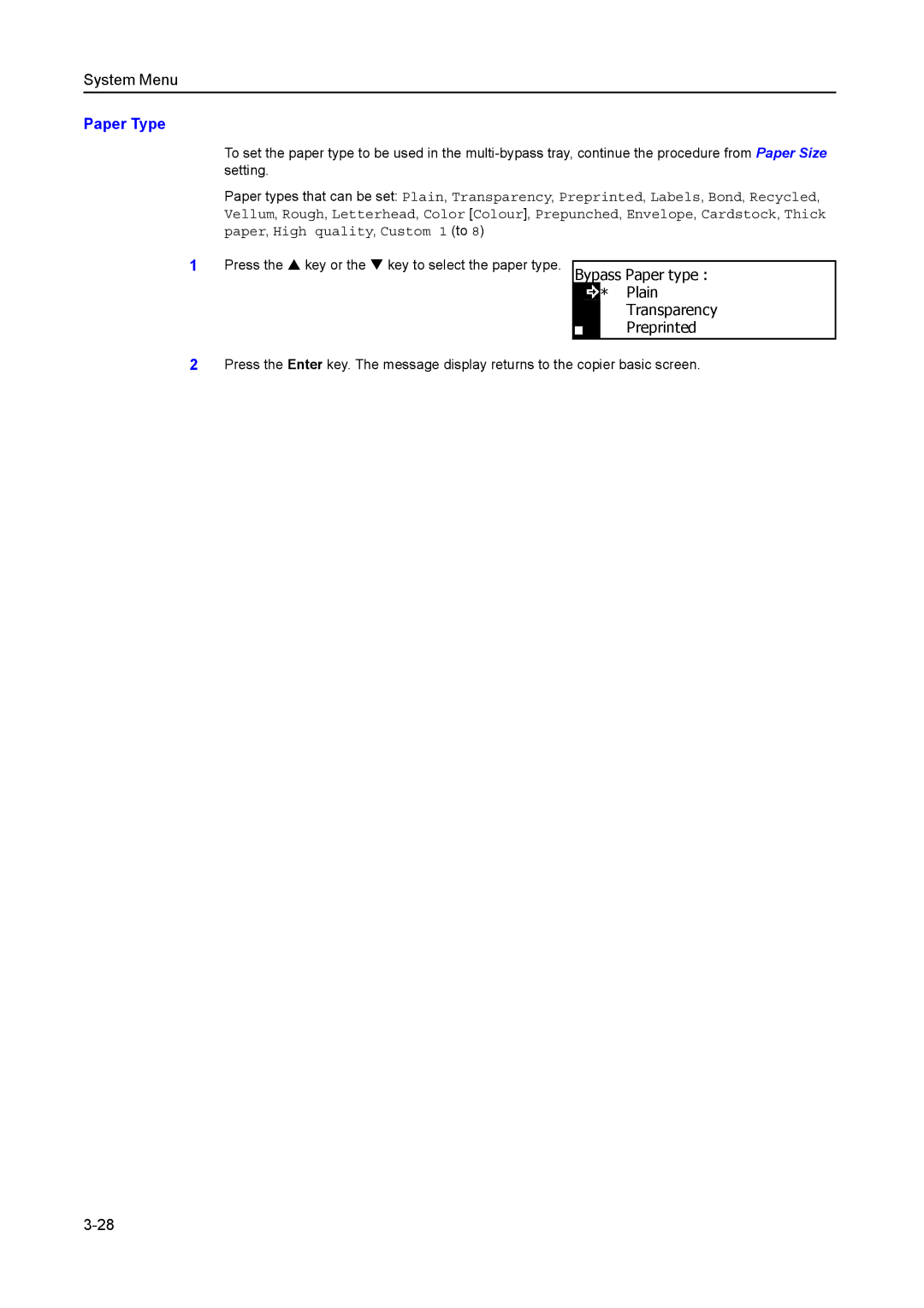 Kyocera 1650, 2050, 2550 manual Paper Type, Bypass Paper type Plain Transparency Preprinted 