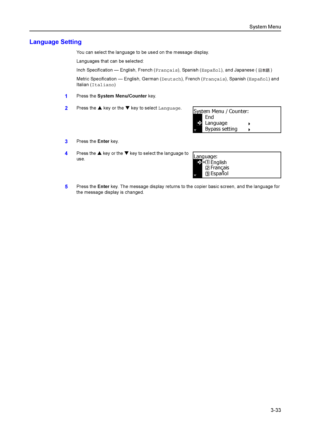 Kyocera 2050, 1650, 2550 manual Language Setting, Language EnglishFrancais Espanol 