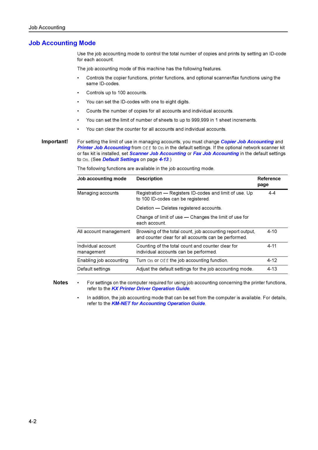 Kyocera 2050, 1650, 2550 manual Job Accounting Mode, Job accounting mode Description Reference 