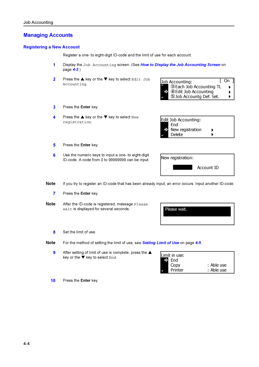 Kyocera 2550, 2050, 1650 manual Managing Accounts, Registering a New Account, Please wait 