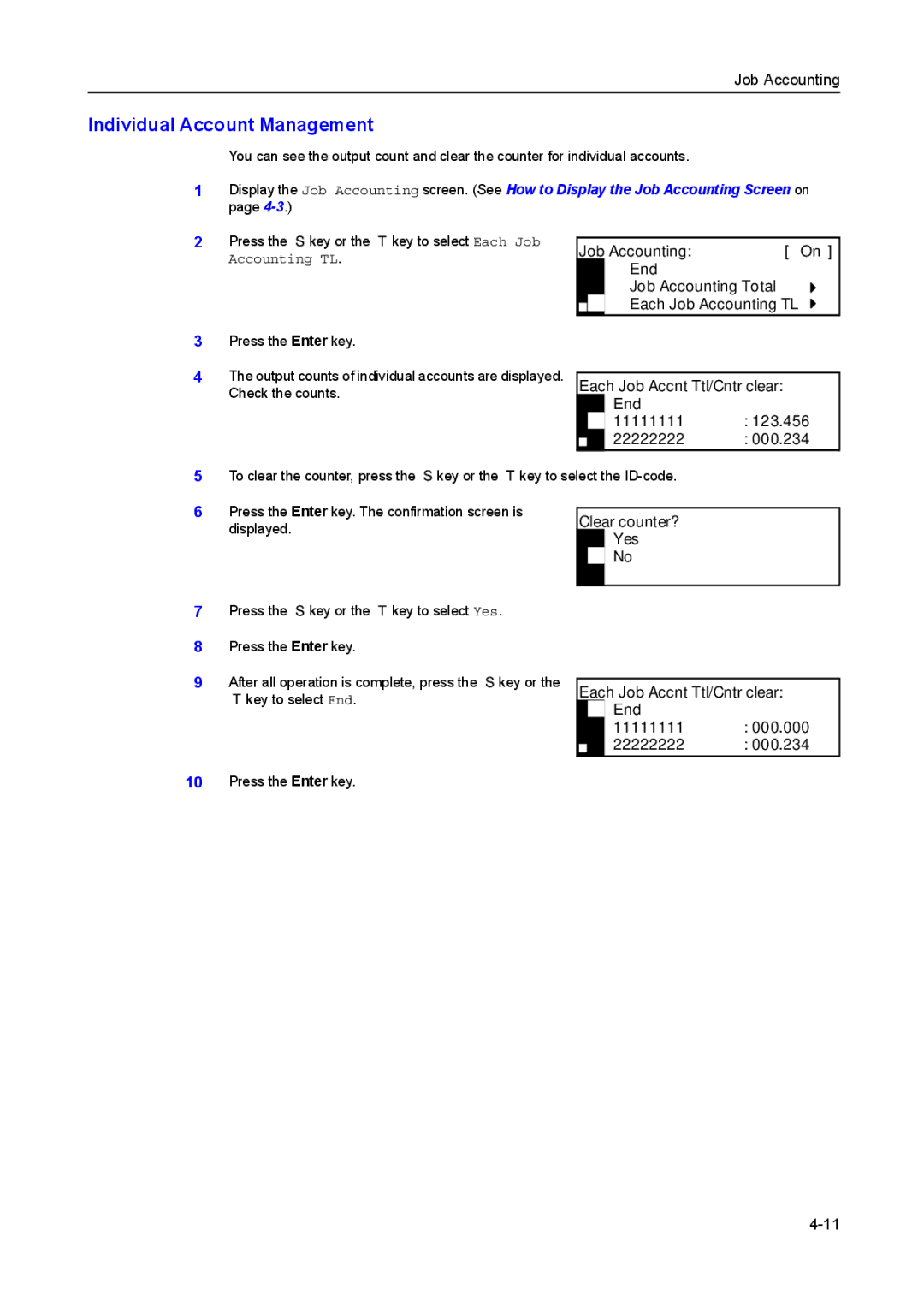 Kyocera 2050, 1650, 2550 manual Individual Account Management, Each Job Accnt Ttl/Cntr clear End 11111111 22222222 